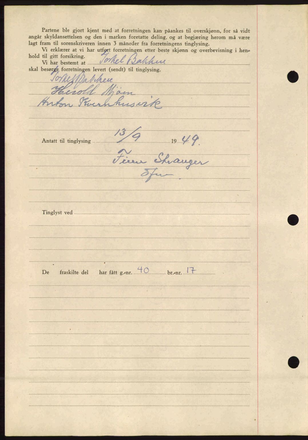 Fosen sorenskriveri, AV/SAT-A-1107/1/2/2C: Mortgage book no. A10, 1949-1950, Diary no: : 1401/1949