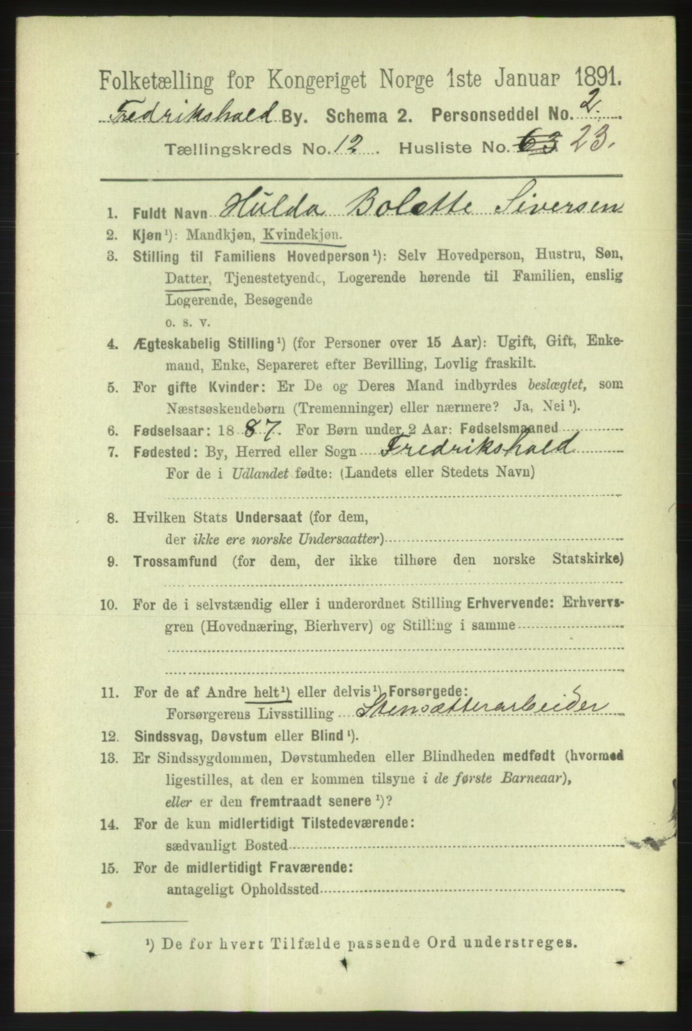 RA, 1891 census for 0101 Fredrikshald, 1891, p. 8564