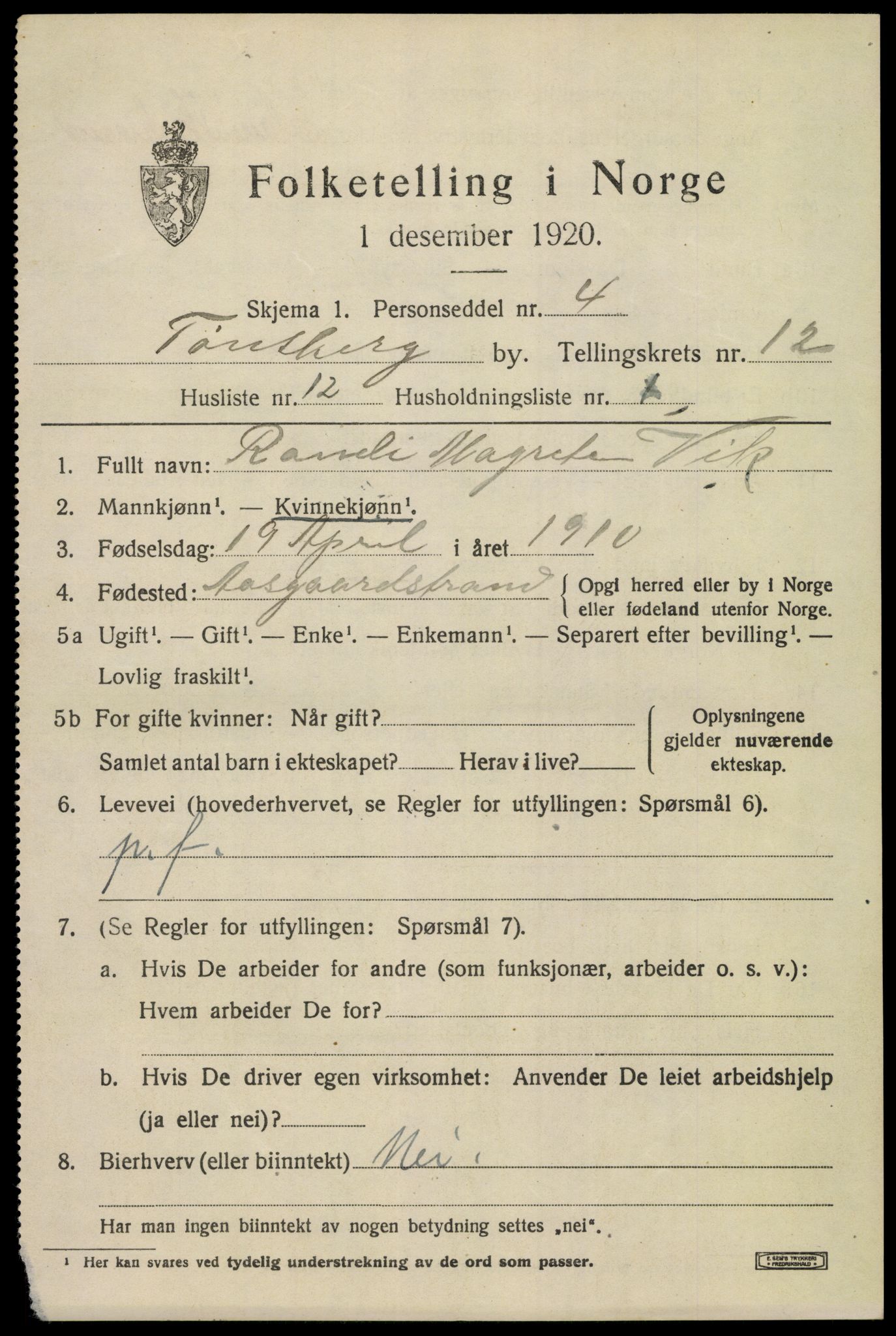 SAKO, 1920 census for Tønsberg, 1920, p. 20195