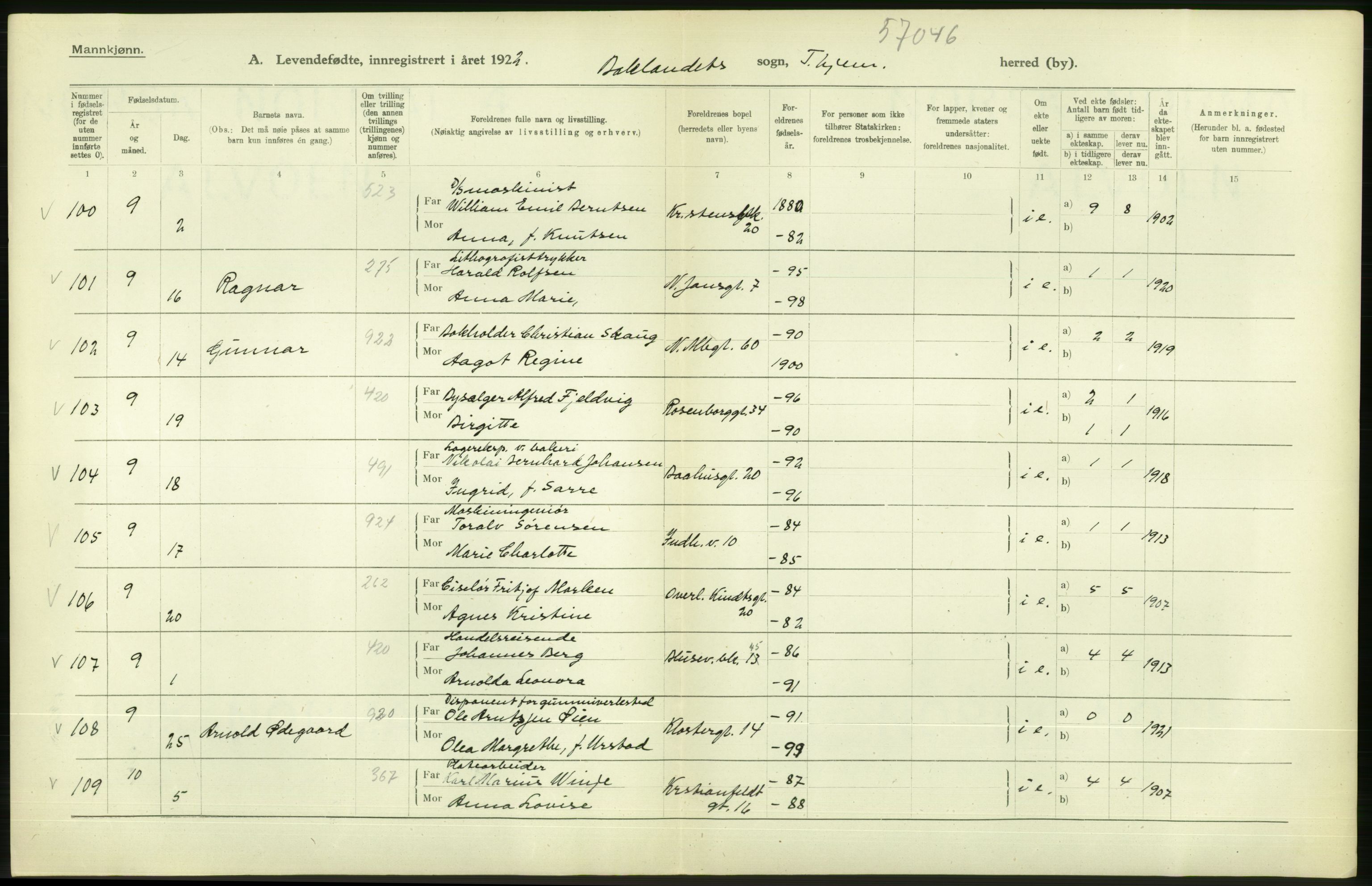 Statistisk sentralbyrå, Sosiodemografiske emner, Befolkning, AV/RA-S-2228/D/Df/Dfc/Dfcb/L0039: Trondheim: Levendefødte menn og kvinner., 1922, p. 54