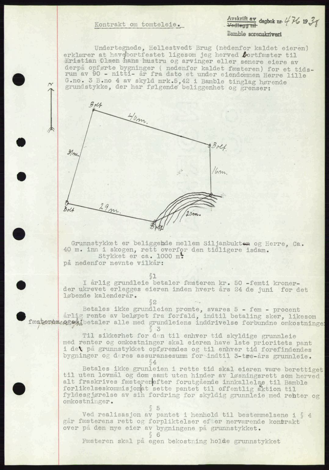 Bamble sorenskriveri, AV/SAKO-A-214/G/Ga/Gag/L0002: Mortgage book no. A-2, 1937-1938, Diary no: : 476/1938