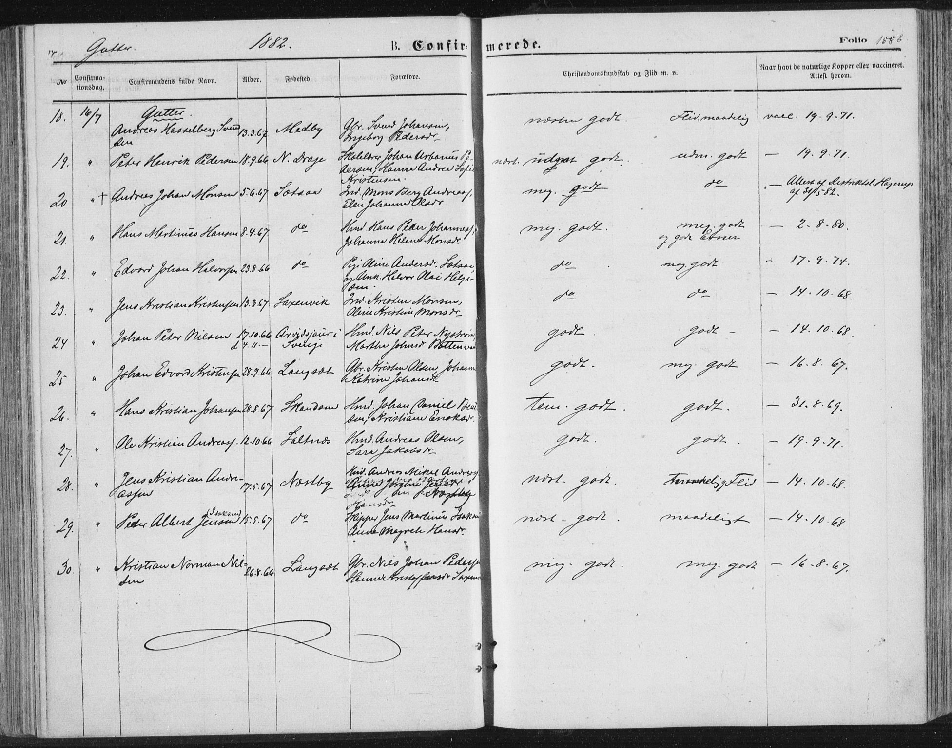 Ministerialprotokoller, klokkerbøker og fødselsregistre - Nordland, AV/SAT-A-1459/847/L0668: Parish register (official) no. 847A08, 1872-1886, p. 158b