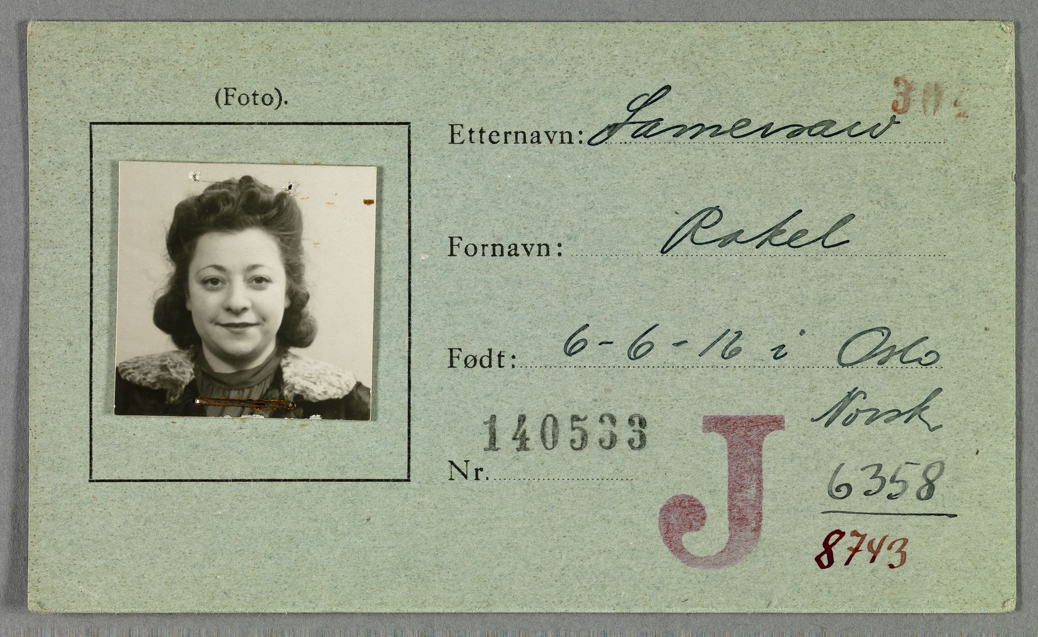 Sosialdepartementet, Våre Falne, RA/S-1708/E/Ee/L0021A: Fotografier av jøder på legitimasjonskort (1941-42), 1941-1942, p. 295