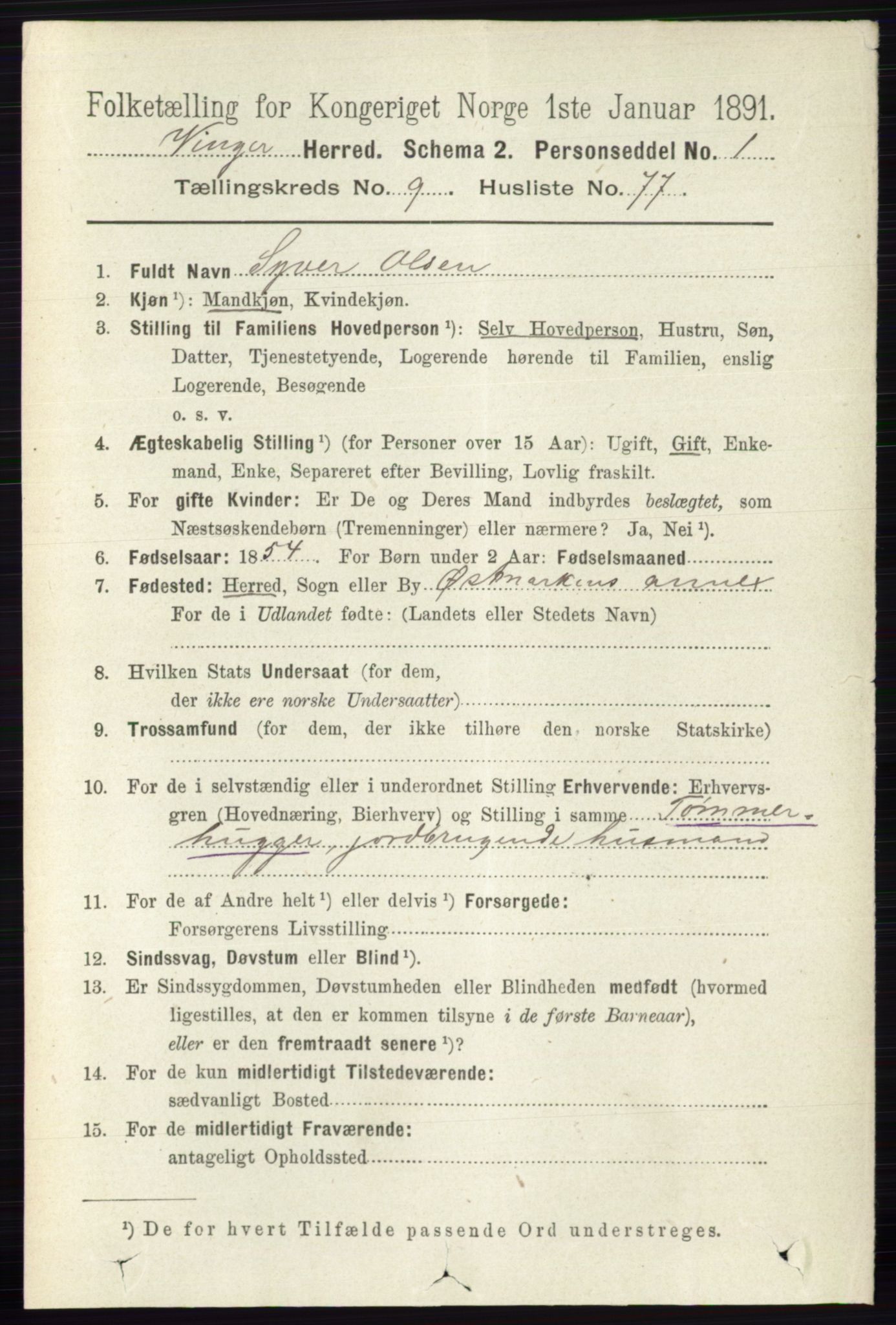 RA, 1891 census for 0421 Vinger, 1891, p. 4805