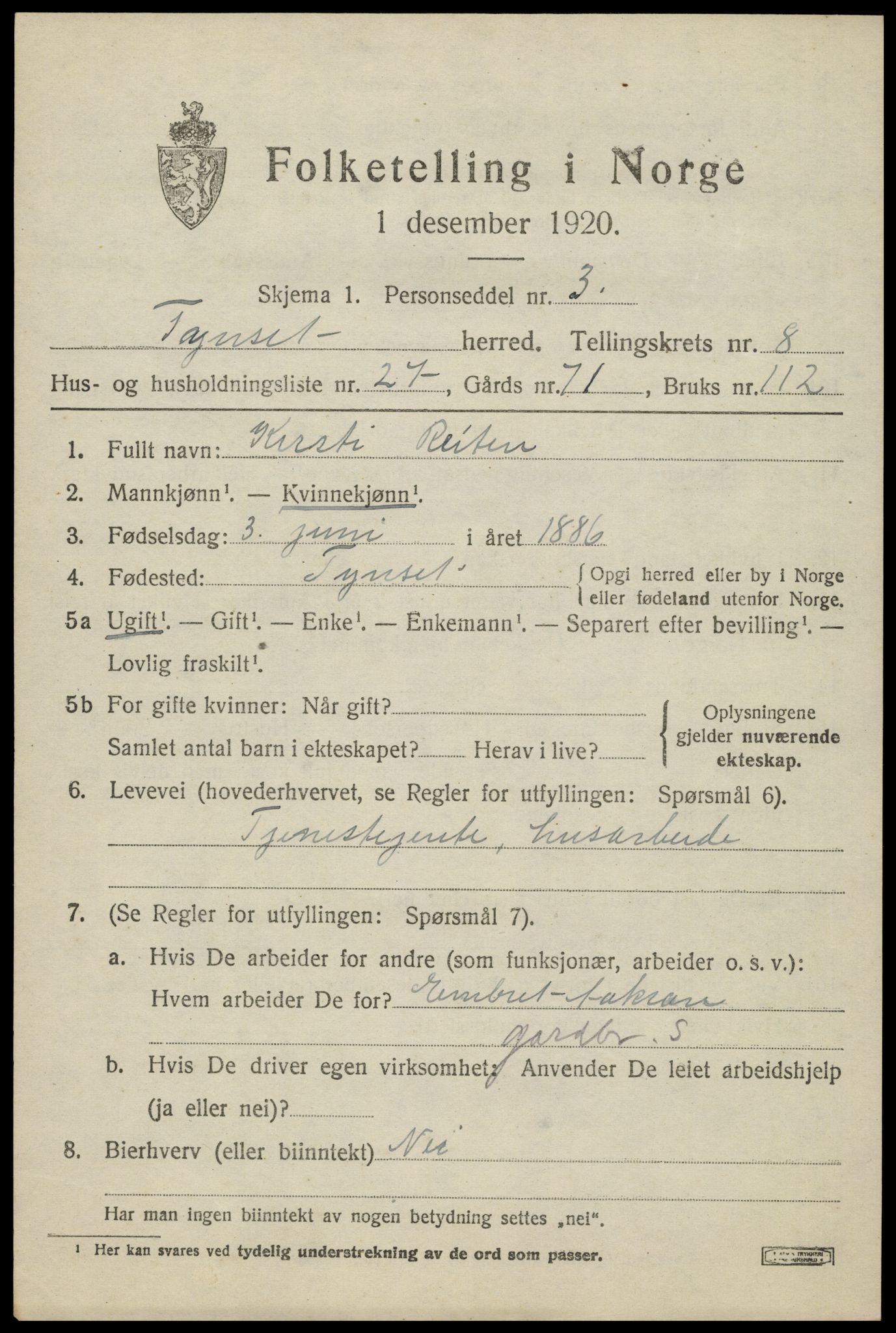 SAH, 1920 census for Tynset, 1920, p. 6892