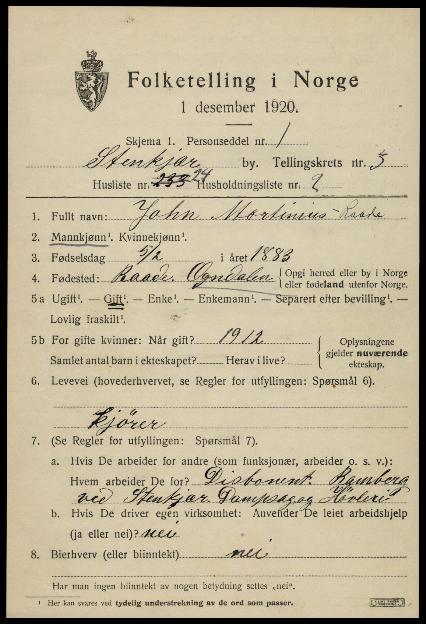 SAT, 1920 census for Steinkjer, 1920, p. 6302