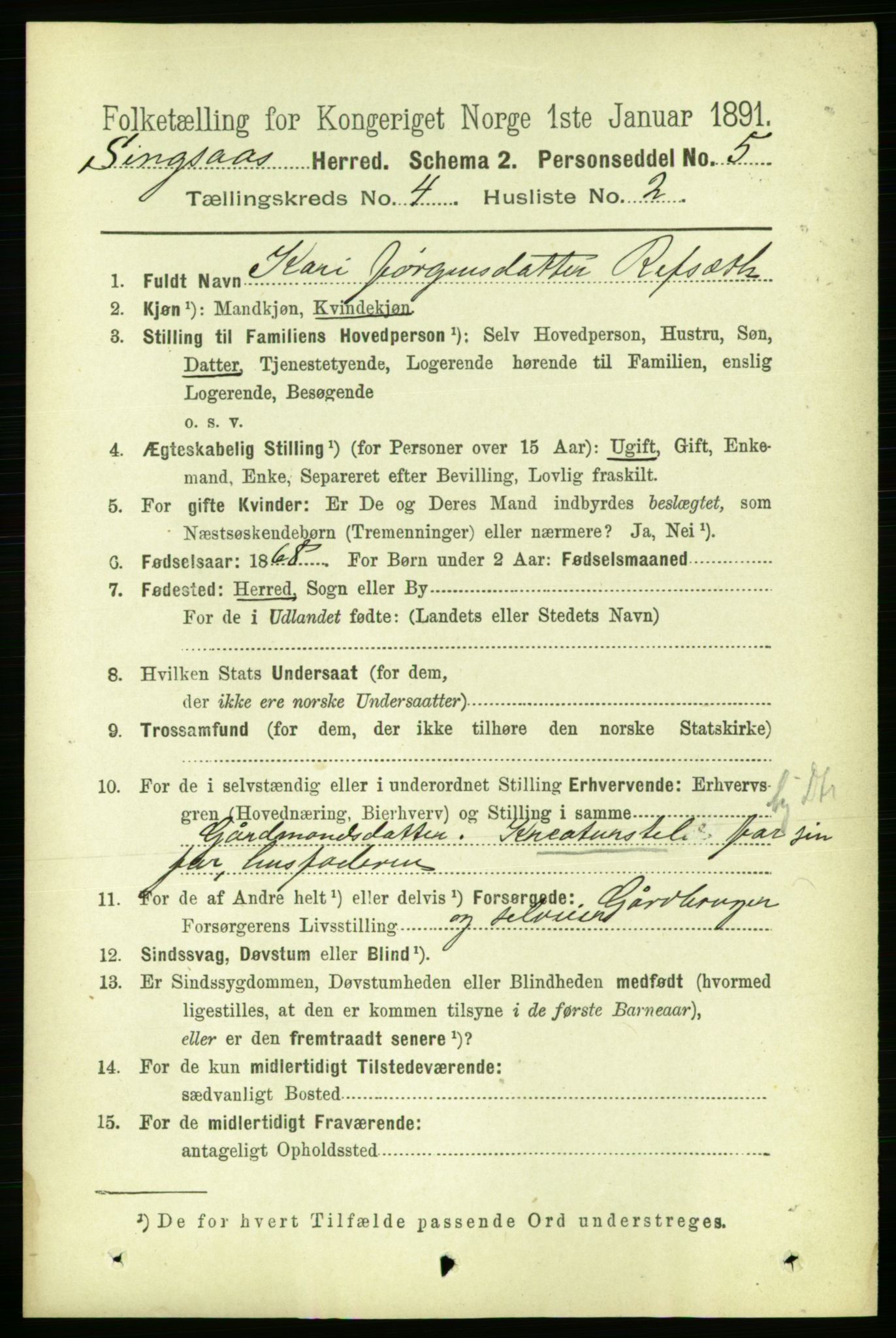 RA, 1891 census for 1646 Singsås, 1891, p. 844