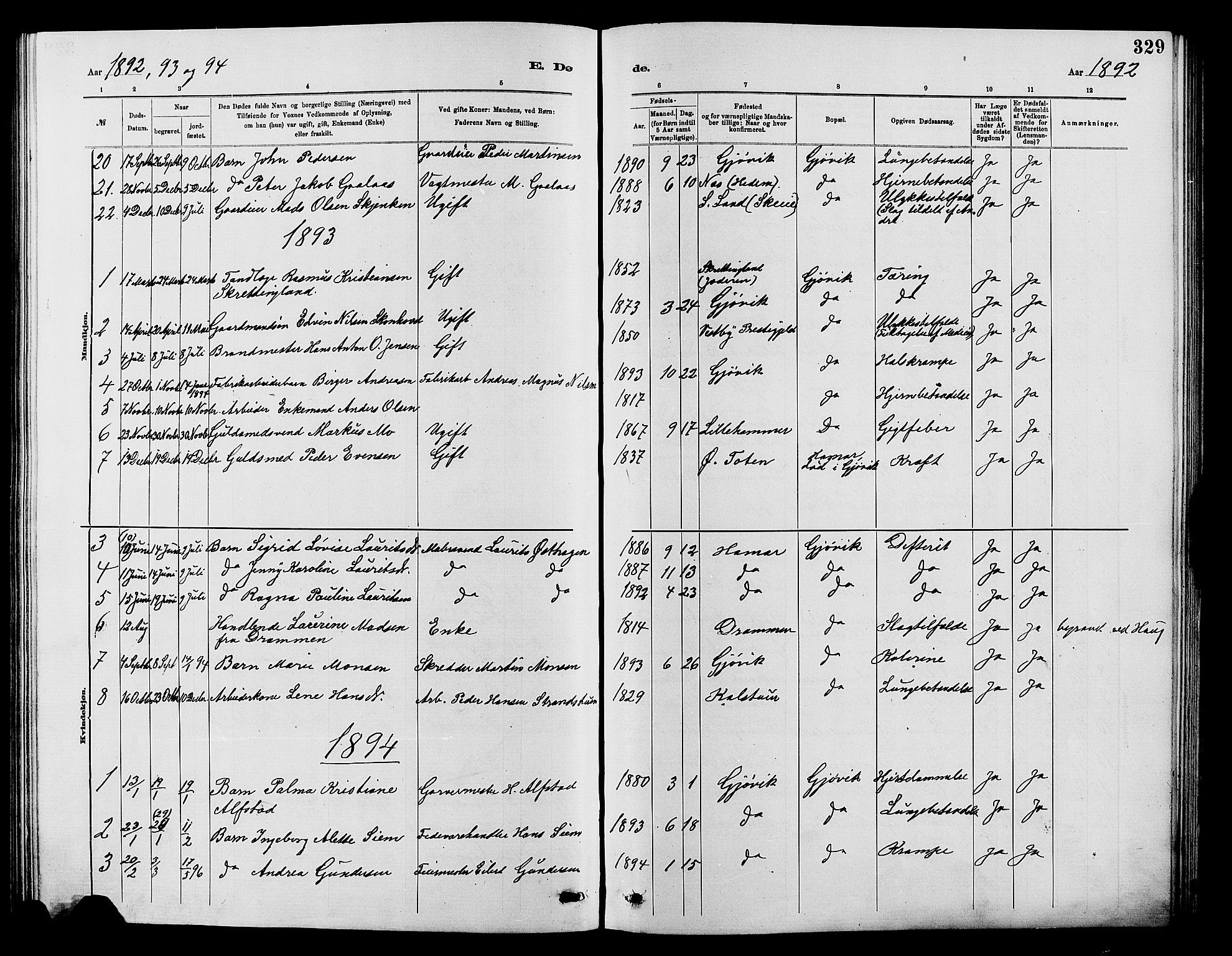 Vardal prestekontor, SAH/PREST-100/H/Ha/Hab/L0007: Parish register (copy) no. 7 /2, 1881-1895, p. 329