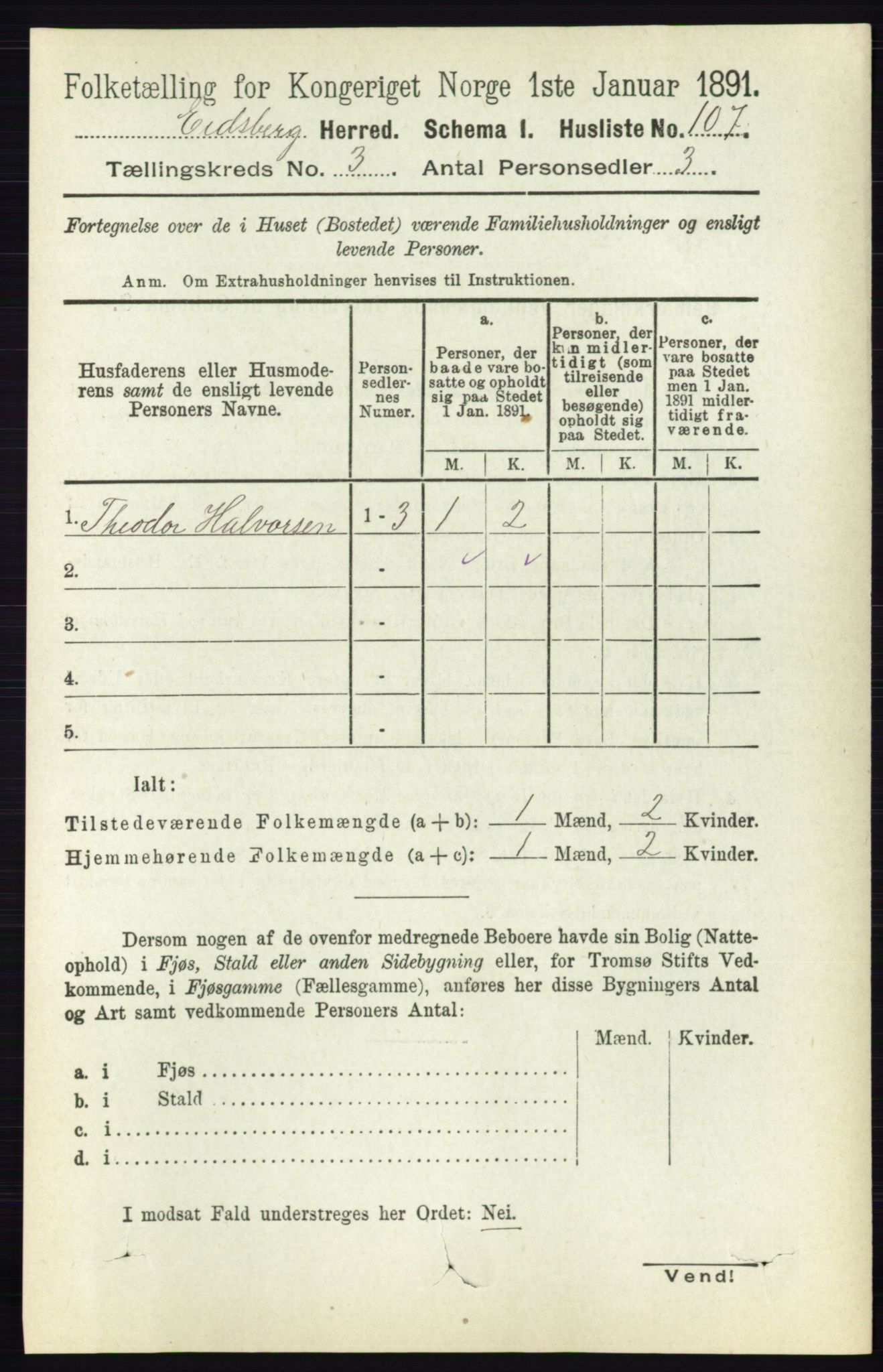 RA, 1891 census for 0125 Eidsberg, 1891, p. 1443