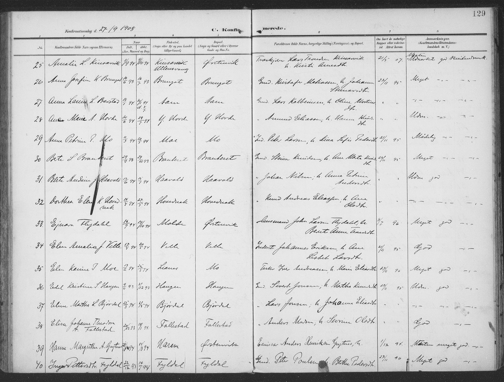 Ministerialprotokoller, klokkerbøker og fødselsregistre - Møre og Romsdal, AV/SAT-A-1454/513/L0178: Parish register (official) no. 513A05, 1906-1919, p. 129