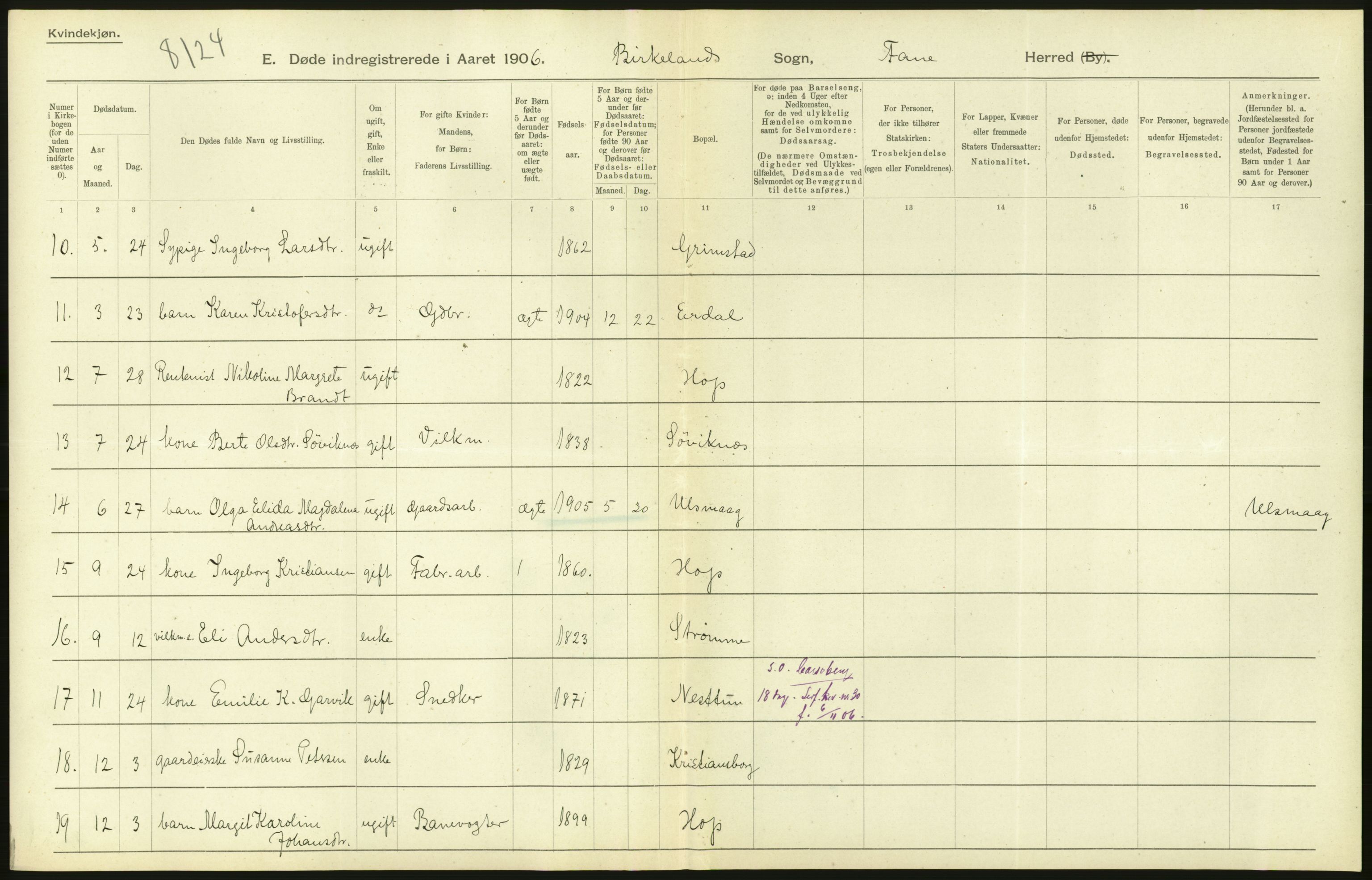 Statistisk sentralbyrå, Sosiodemografiske emner, Befolkning, AV/RA-S-2228/D/Df/Dfa/Dfad/L0030: S. Bergenhus amt: Døde. Bygder., 1906, p. 48