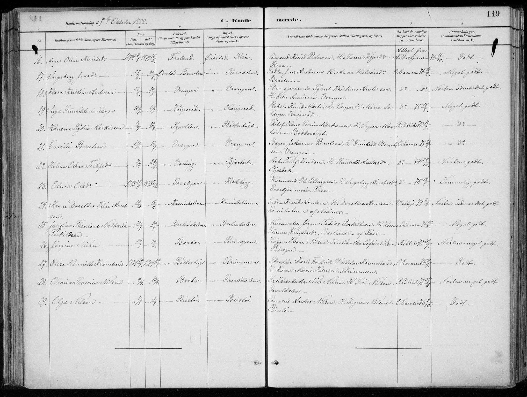 Øyestad sokneprestkontor, AV/SAK-1111-0049/F/Fa/L0017: Parish register (official) no. A 17, 1887-1896, p. 149