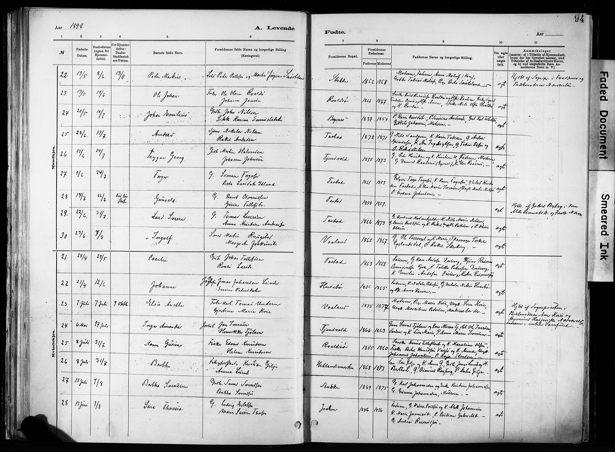 Hetland sokneprestkontor, SAST/A-101826/30/30BA/L0011: Parish register (official) no. A 11, 1884-1911, p. 94