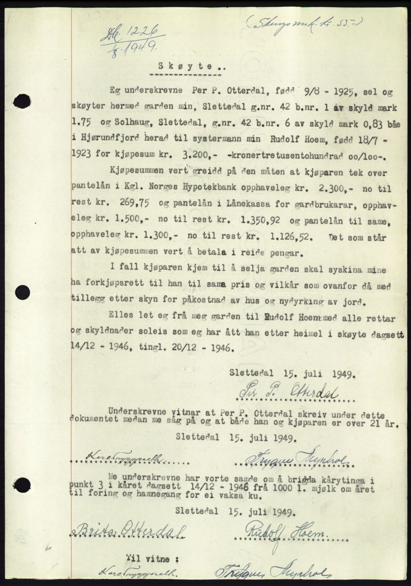 Søre Sunnmøre sorenskriveri, AV/SAT-A-4122/1/2/2C/L0084: Mortgage book no. 10A, 1949-1949, Diary no: : 1226/1949