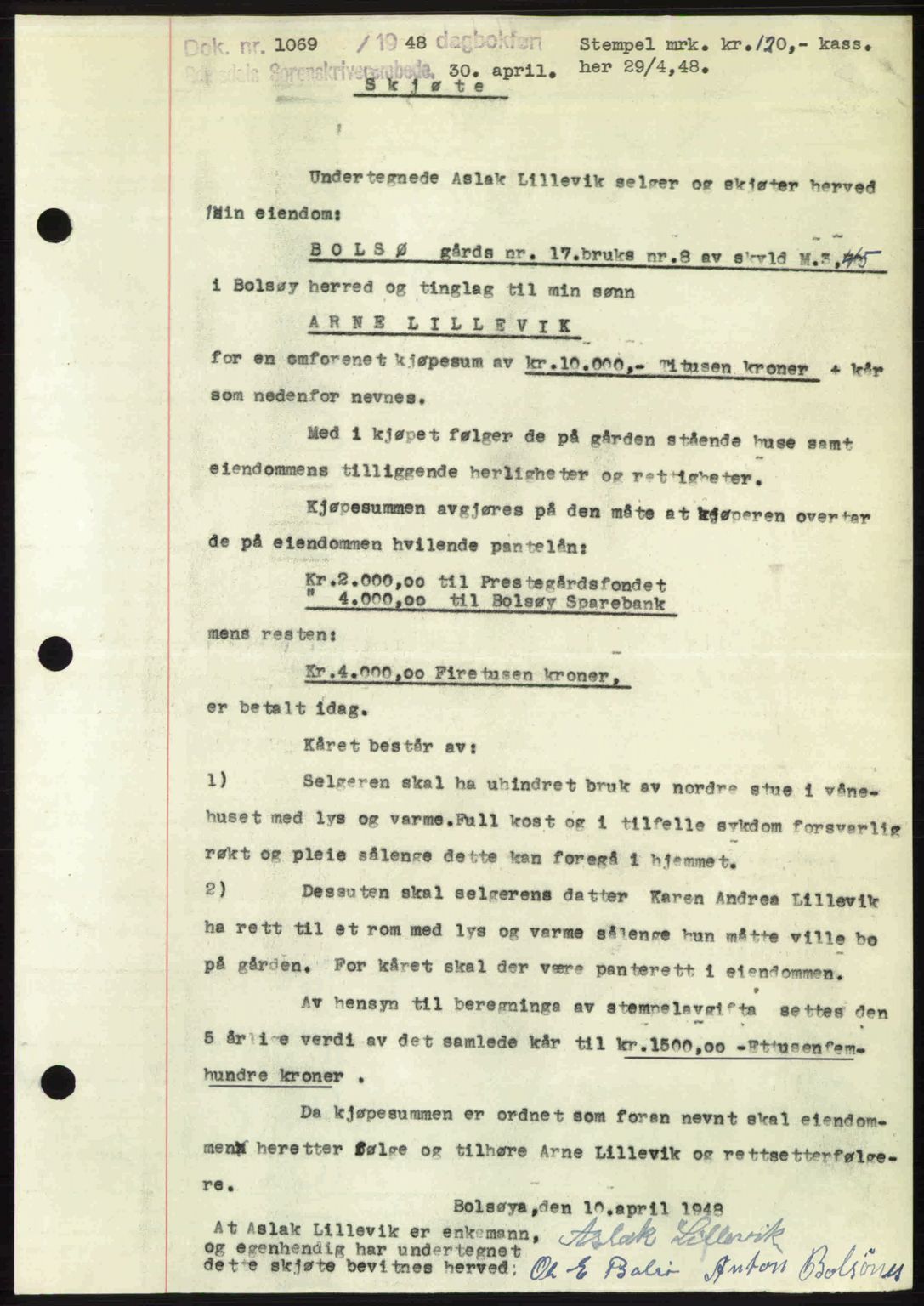 Romsdal sorenskriveri, AV/SAT-A-4149/1/2/2C: Mortgage book no. A26, 1948-1948, Diary no: : 1069/1948