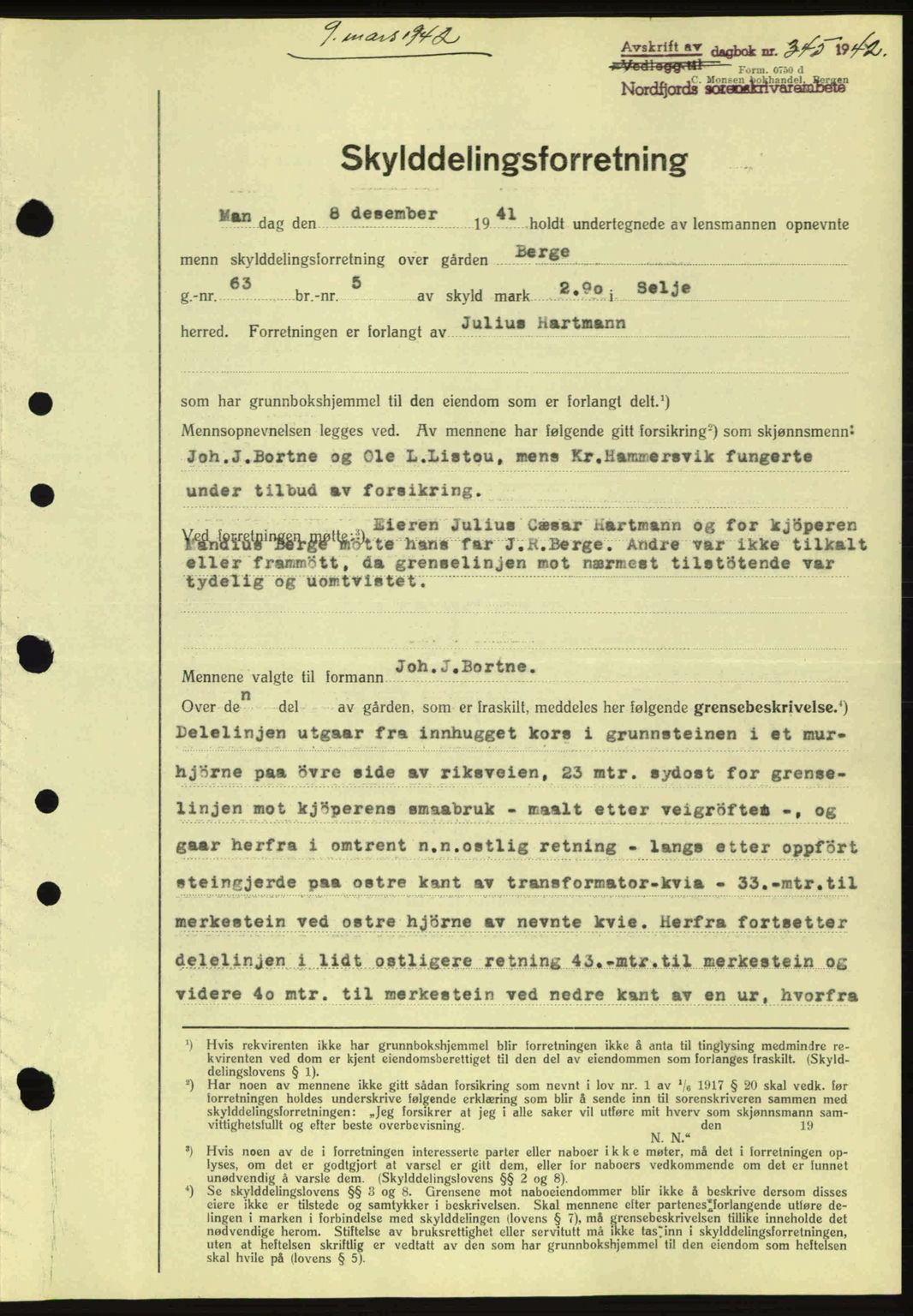 Nordfjord sorenskriveri, AV/SAB-A-2801/02/02b/02bj/L0007: Mortgage book no. A7, 1941-1943, Diary no: : 345/1942