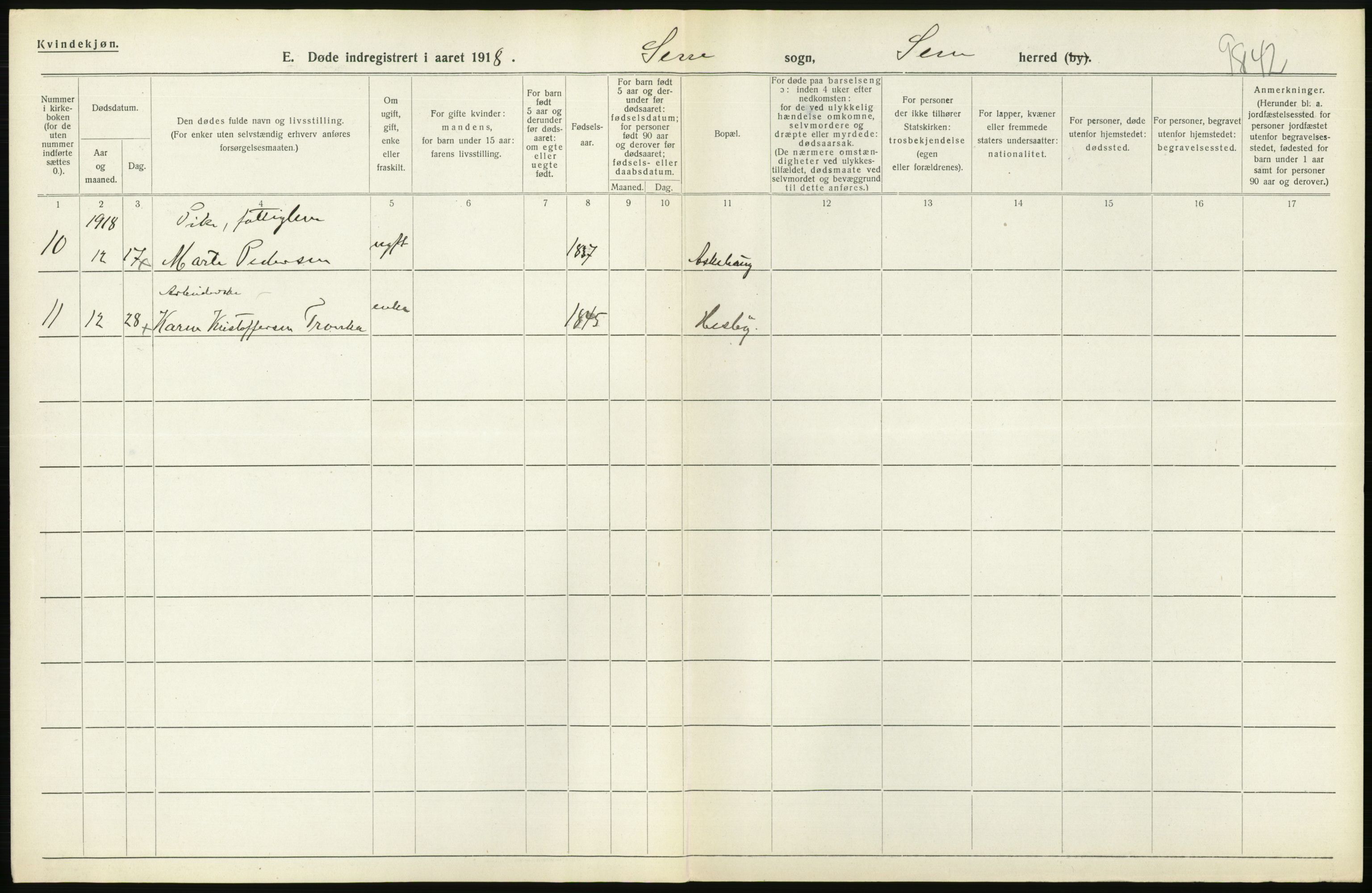 Statistisk sentralbyrå, Sosiodemografiske emner, Befolkning, RA/S-2228/D/Df/Dfb/Dfbh/L0023: Vestfold fylke: Døde. Bygder og byer., 1918, p. 284