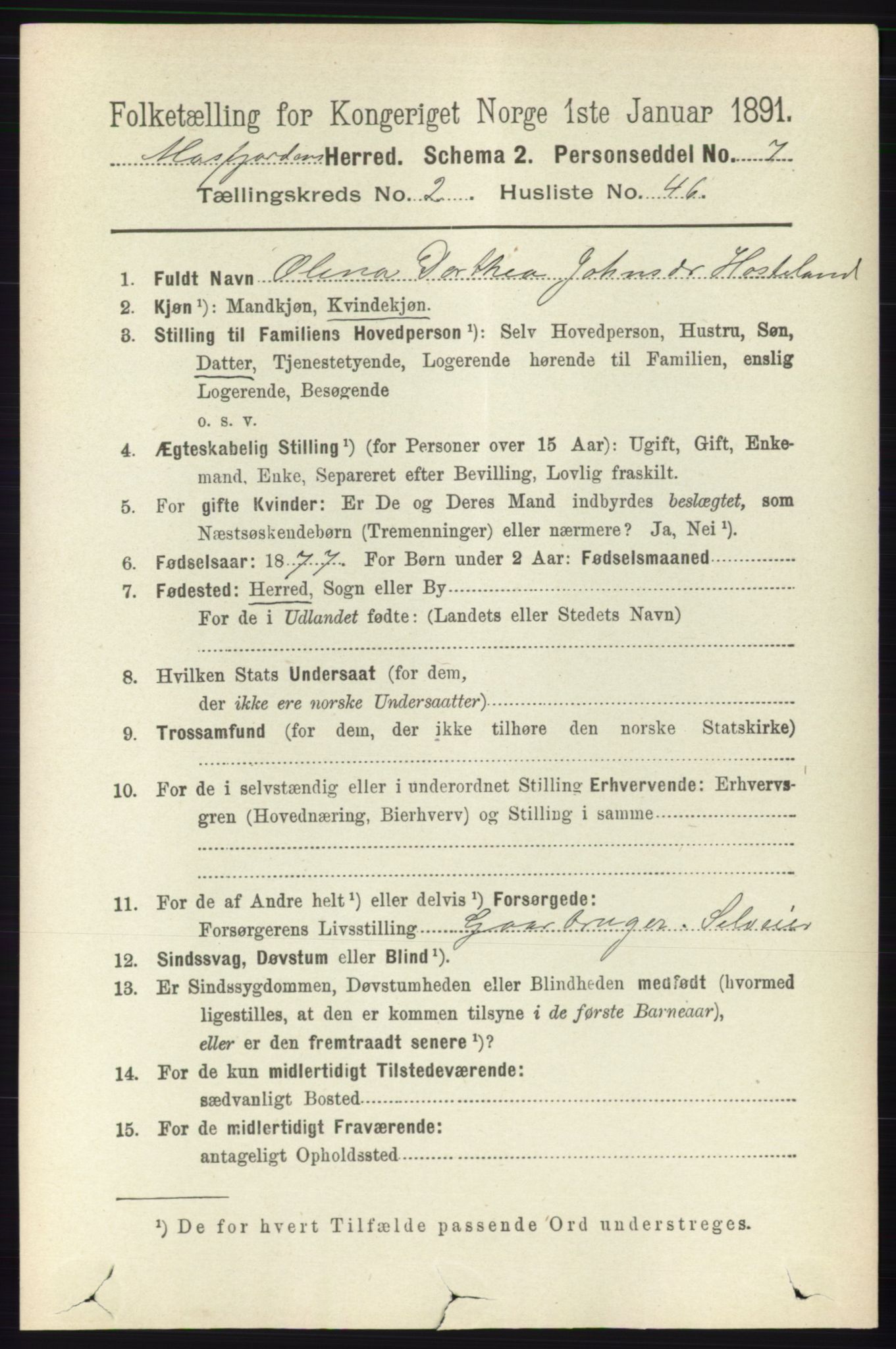 RA, 1891 census for 1266 Masfjorden, 1891, p. 485