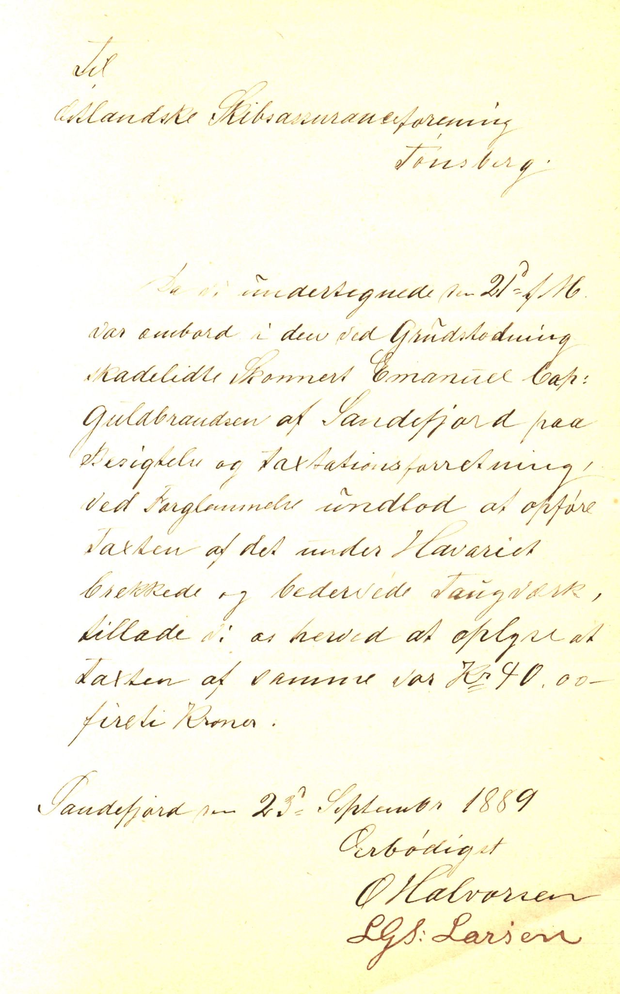 Pa 63 - Østlandske skibsassuranceforening, VEMU/A-1079/G/Ga/L0023/0009: Havaridokumenter / Emil, Black, Hawk, Columbus, Dagny, Askur, Imanuel, 1889, p. 55