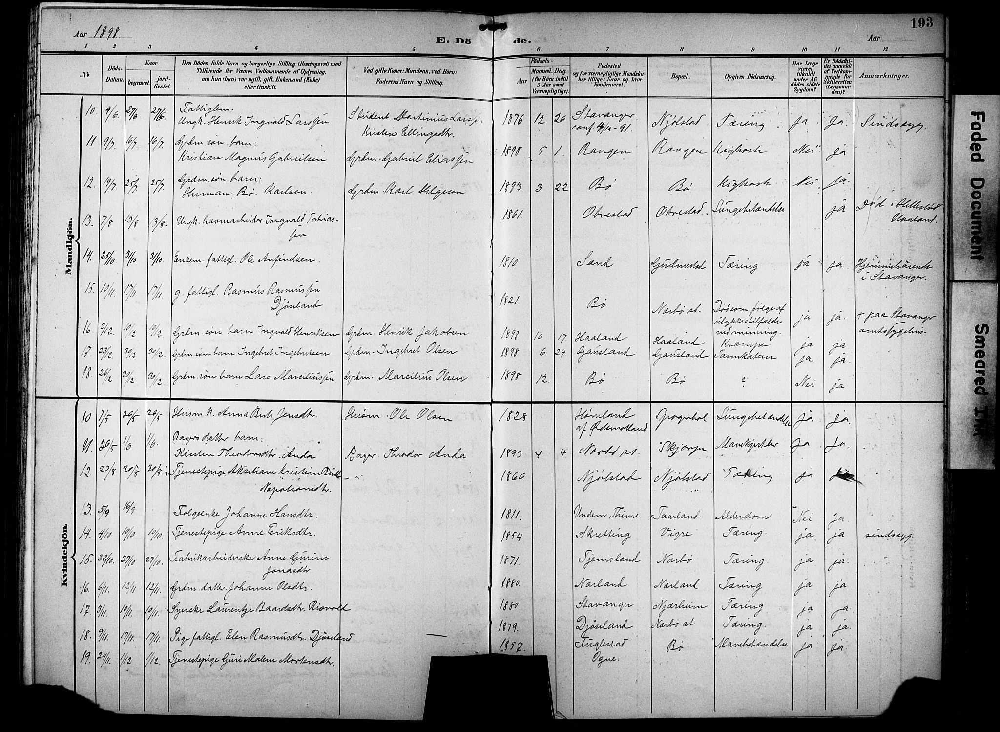Hå sokneprestkontor, AV/SAST-A-101801/001/30BB/L0005: Parish register (copy) no. B 5, 1894-1912, p. 193