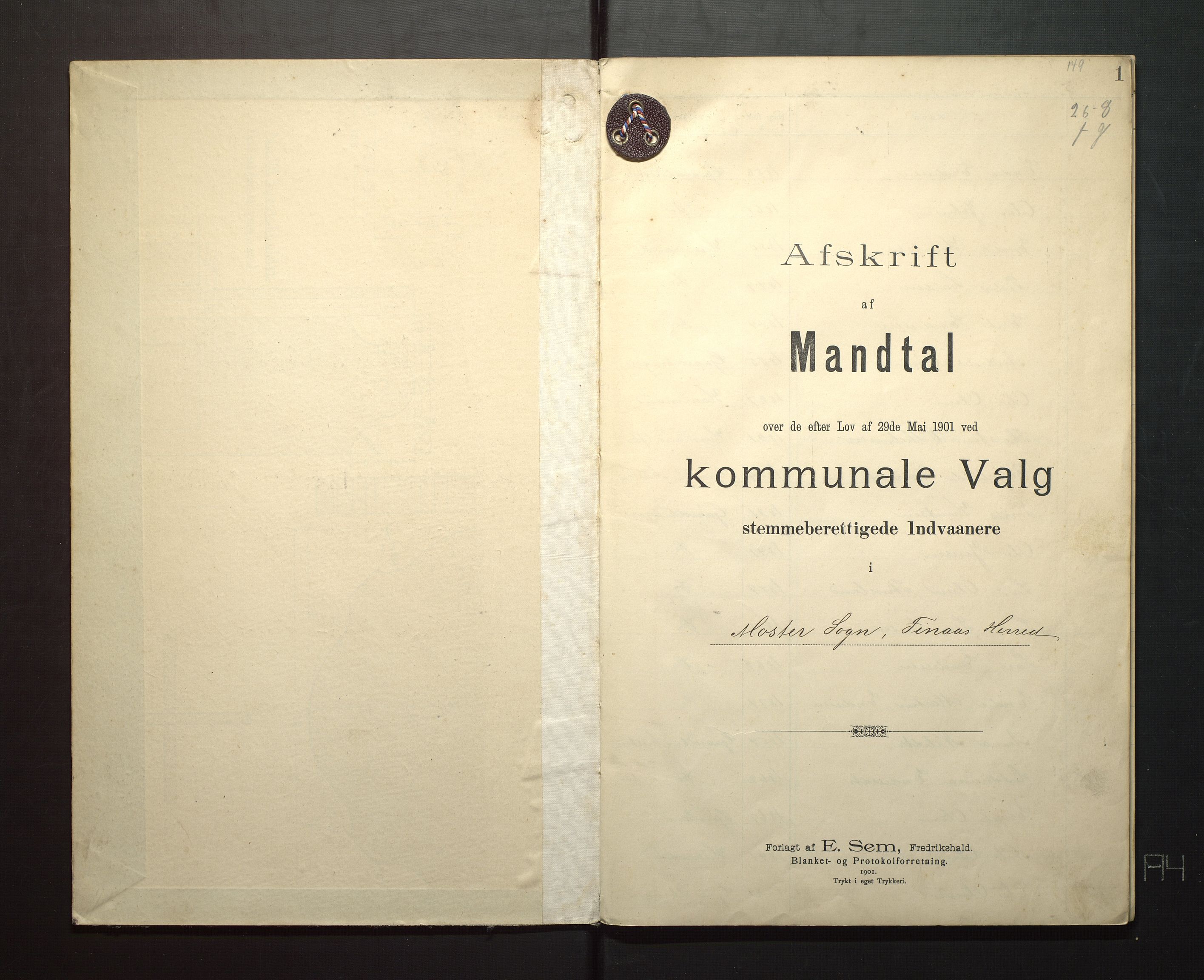 Finnaas kommune. Valstyret, IKAH/1218a-011/F/Fa/L0003: Manntal over røysteføre i Moster sokn, 1901, p. 1