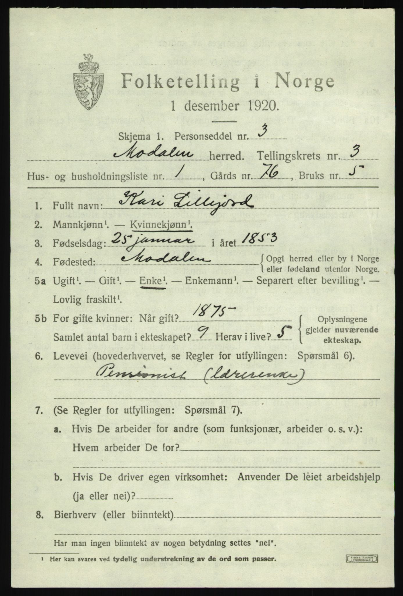 SAB, 1920 census for Modalen, 1920, p. 534