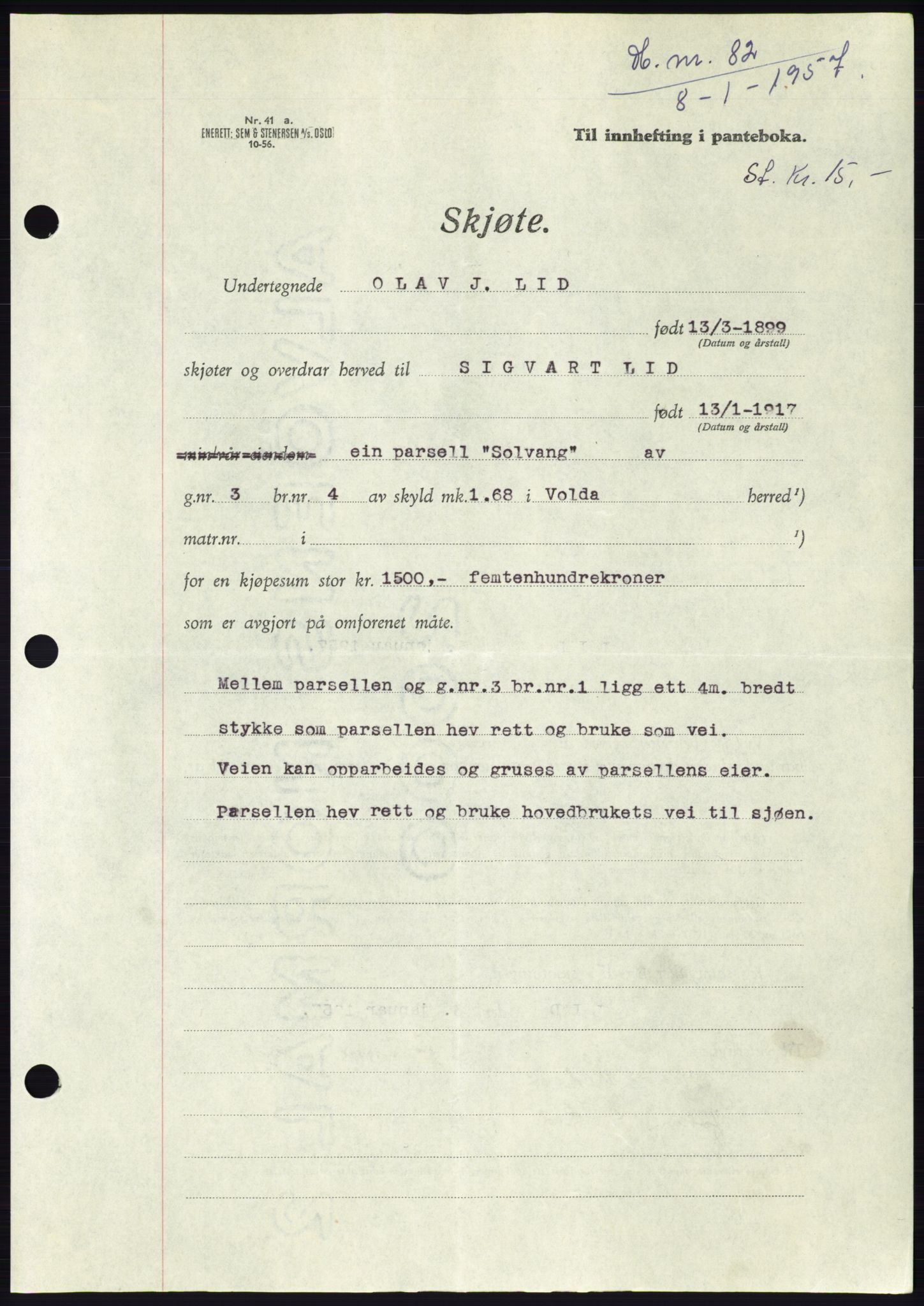 Søre Sunnmøre sorenskriveri, AV/SAT-A-4122/1/2/2C/L0105: Mortgage book no. 31A, 1956-1957, Diary no: : 82/1957