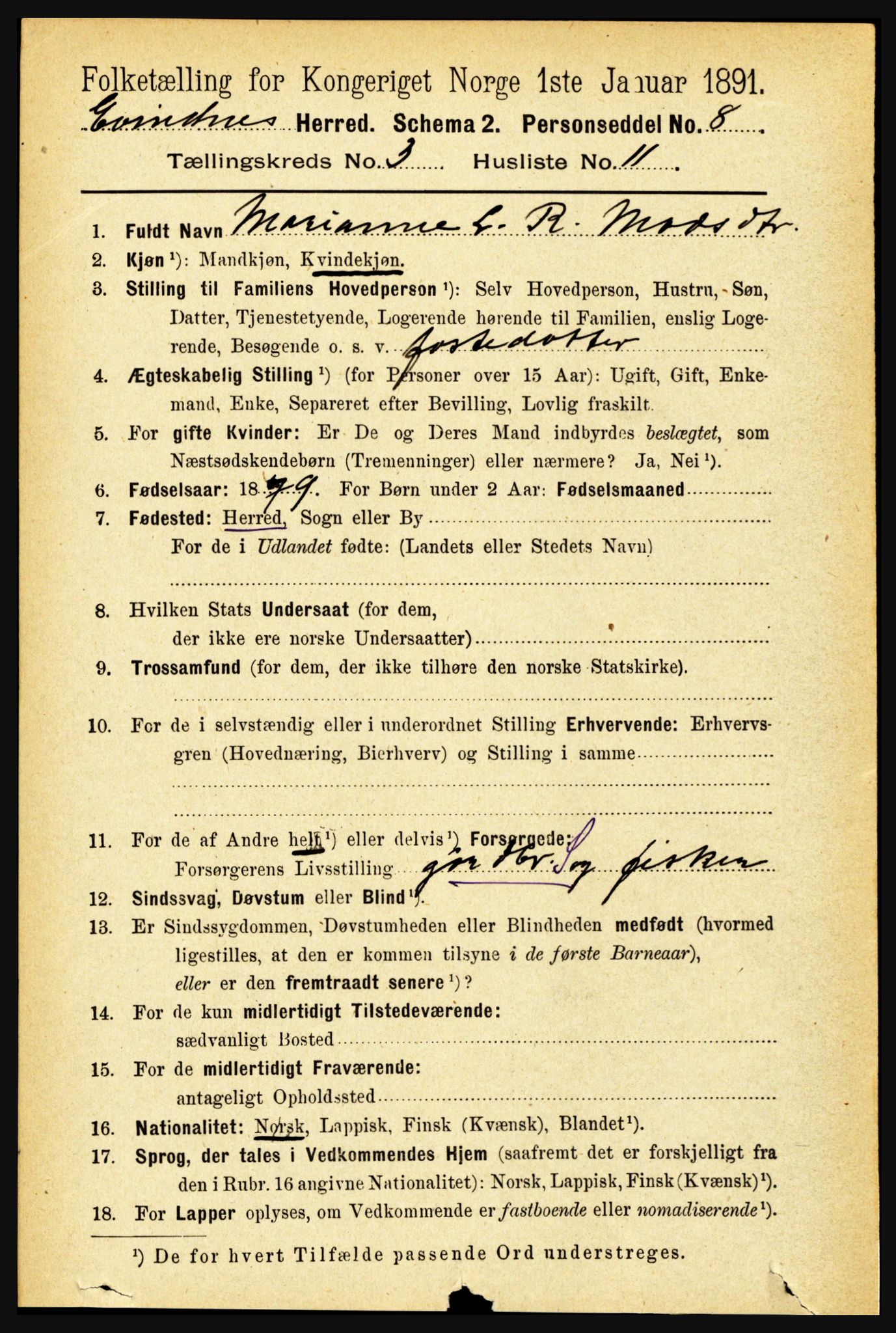 RA, 1891 census for 1853 Evenes, 1891, p. 832