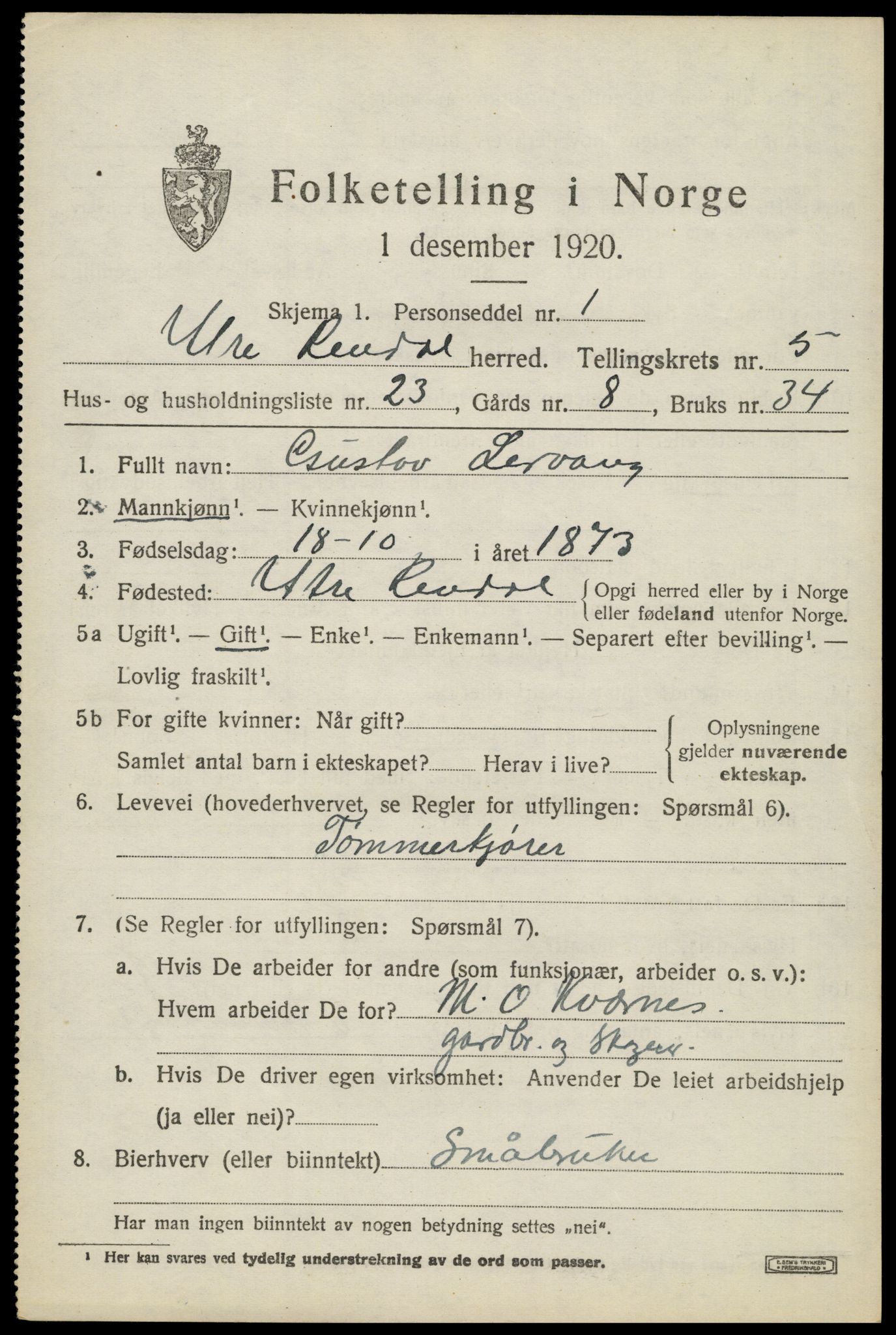 SAH, 1920 census for Ytre Rendal, 1920, p. 2895