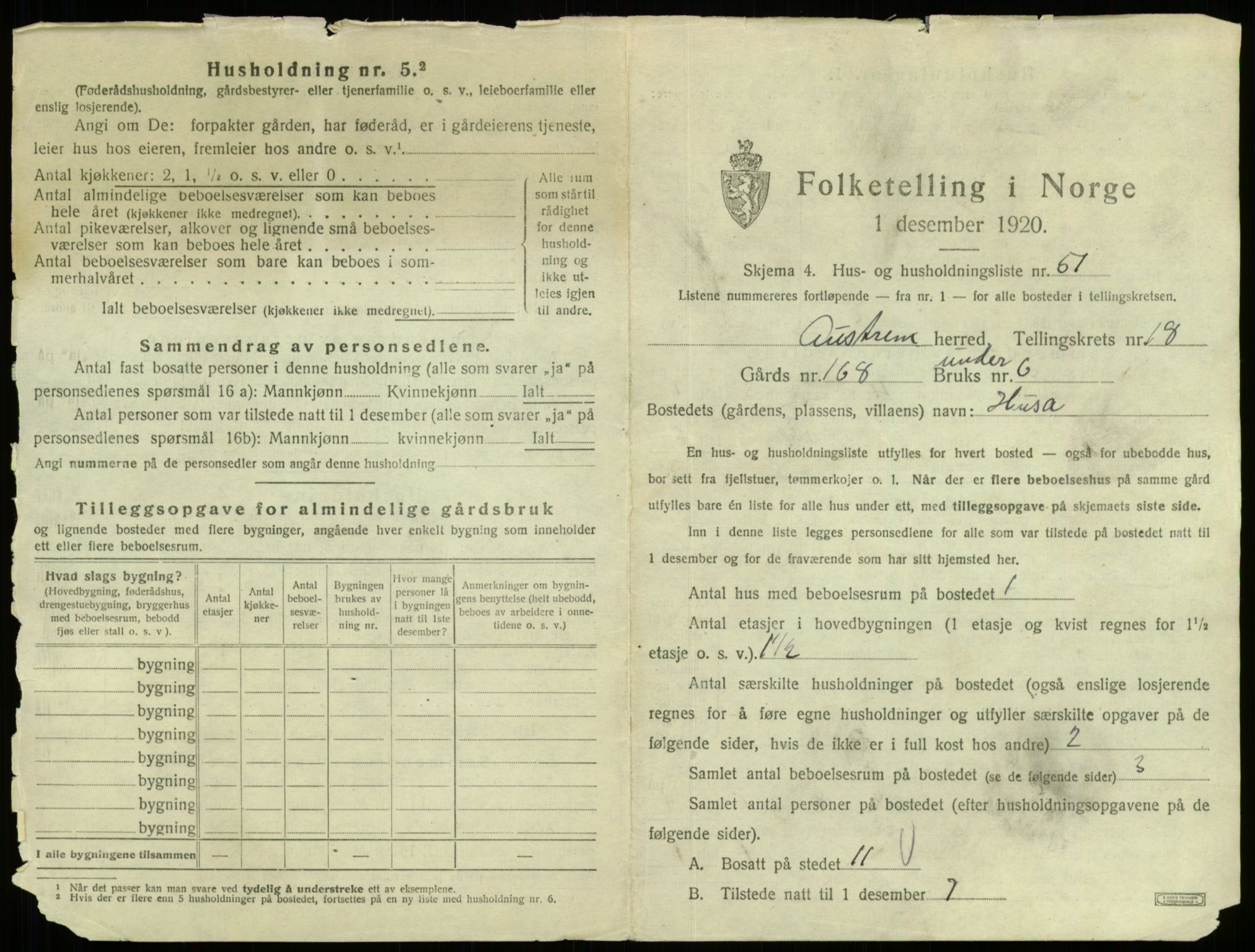 SAB, 1920 census for Austrheim, 1920, p. 952