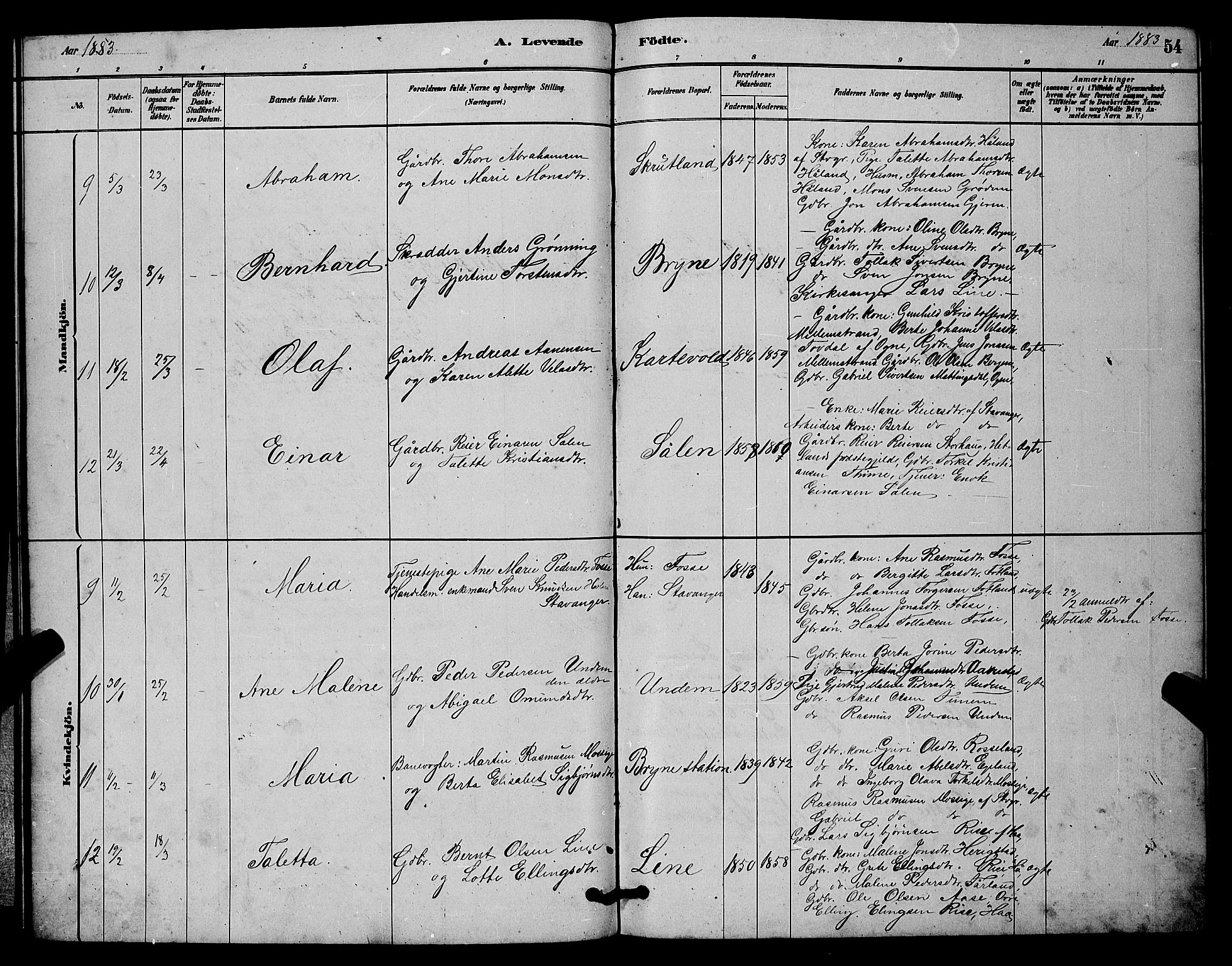 Lye sokneprestkontor, AV/SAST-A-101794/001/30BB/L0006: Parish register (copy) no. B 6, 1879-1888, p. 54