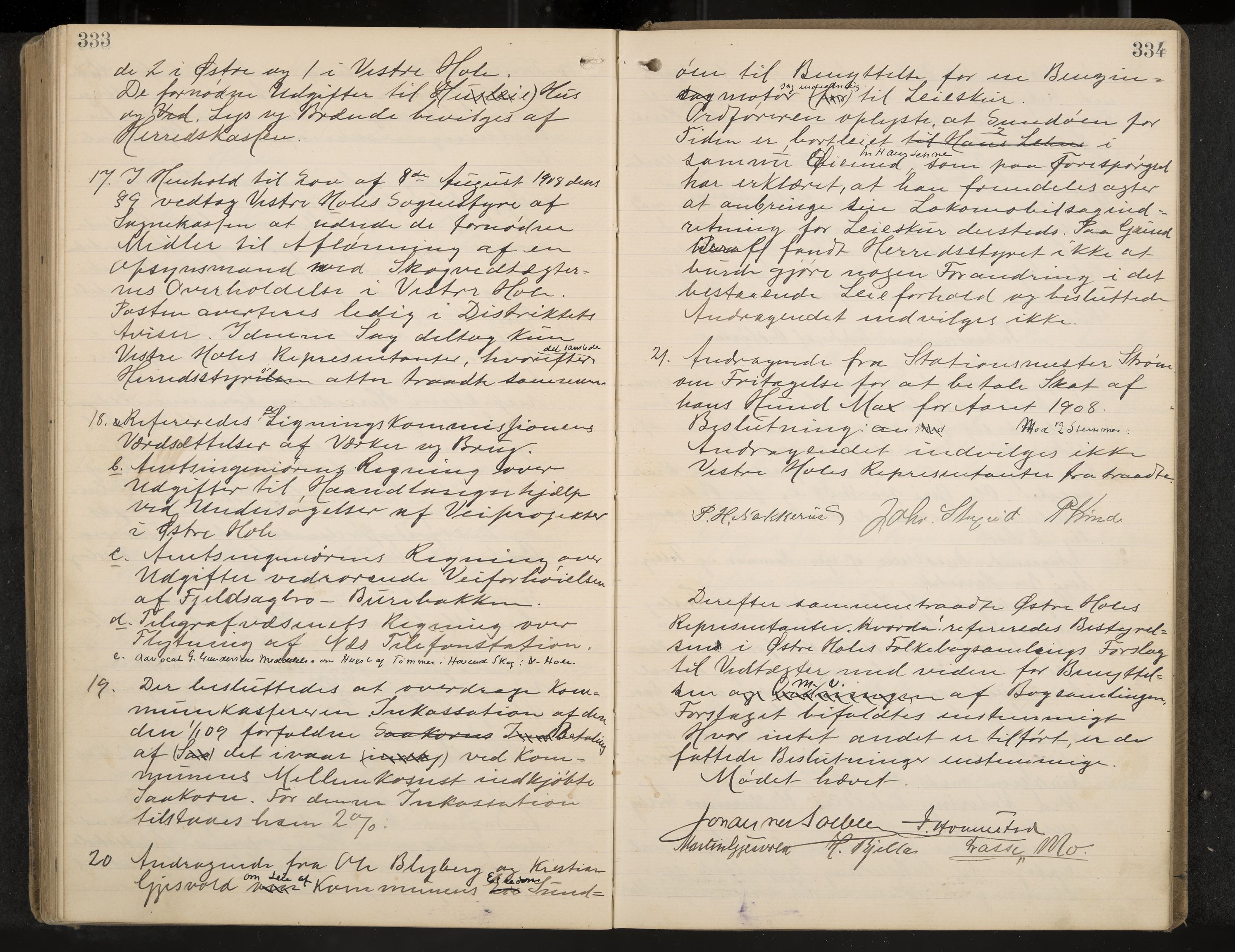 Hole formannskap og sentraladministrasjon, IKAK/0612021-1/A/Aa/L0004: Møtebok med register, 1902-1910, p. 333-334