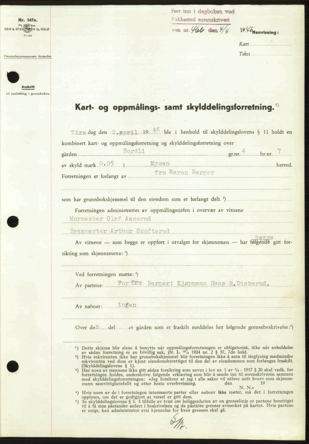 Rakkestad sorenskriveri, AV/SAO-A-10686/G/Gb/Gba/Gbab/L0012a: Mortgage book no. A12 I, 1945-1946, Diary no: : 466/1946