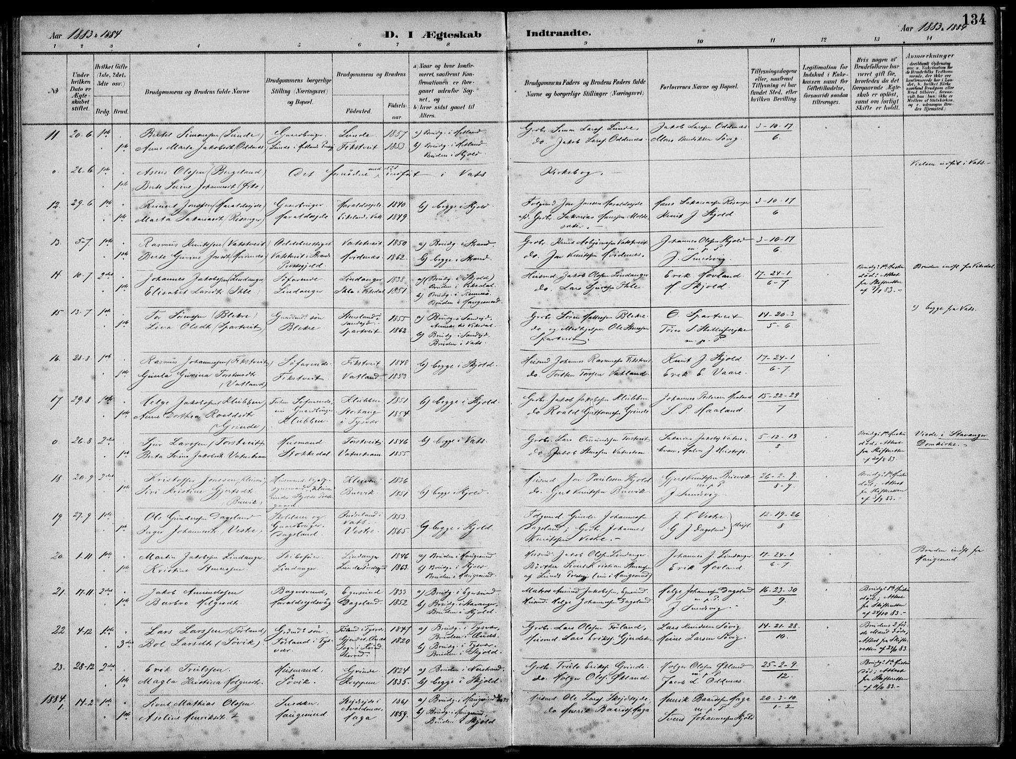 Skjold sokneprestkontor, SAST/A-101847/H/Ha/Haa/L0010: Parish register (official) no. A 10, 1882-1897, p. 134