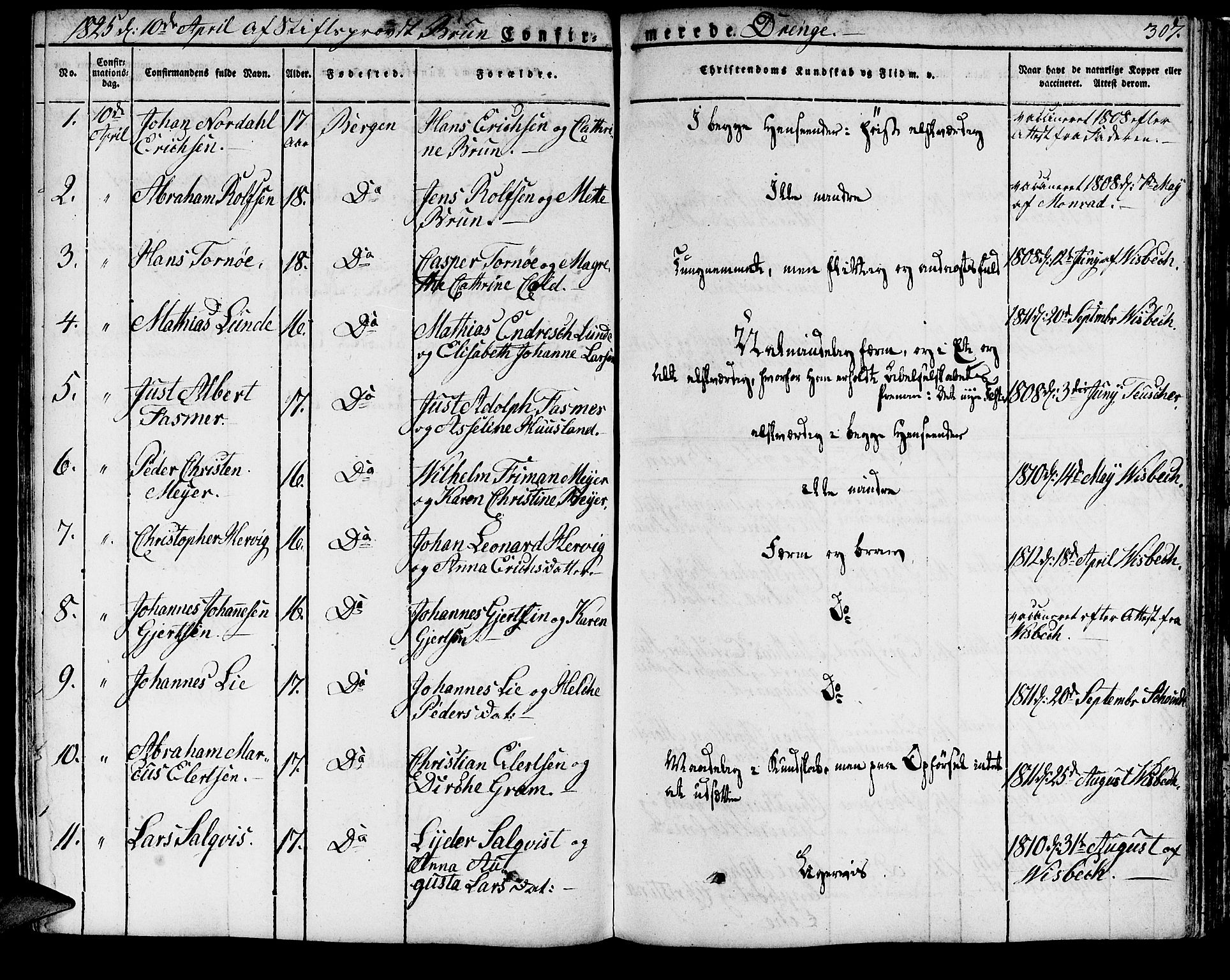 Domkirken sokneprestembete, SAB/A-74801/H/Haa/L0012: Parish register (official) no. A 12, 1821-1840, p. 307