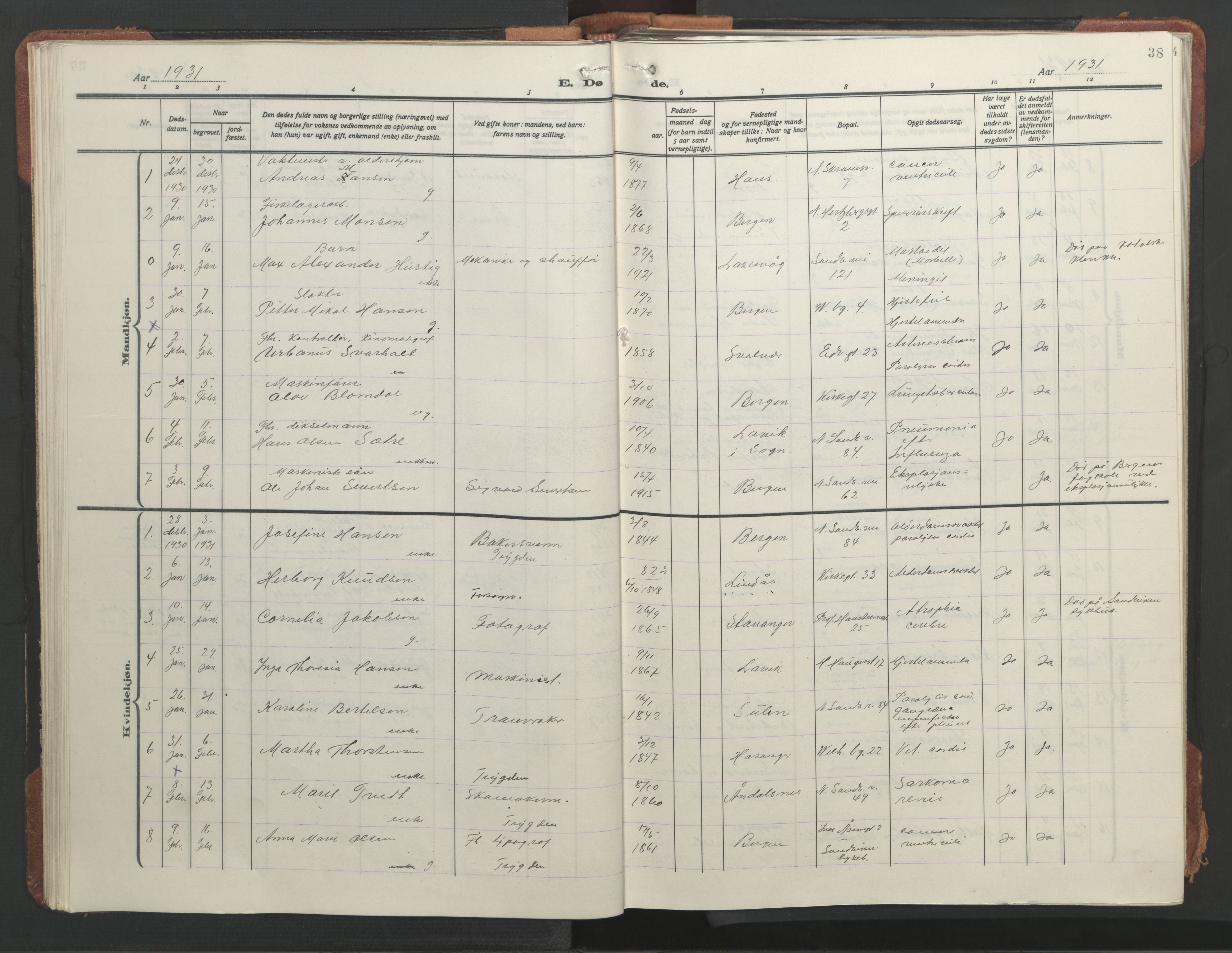 Sandviken Sokneprestembete, AV/SAB-A-77601/H/Hb/L0018: Parish register (copy) no. E 2, 1926-1962, p. 37b-38a
