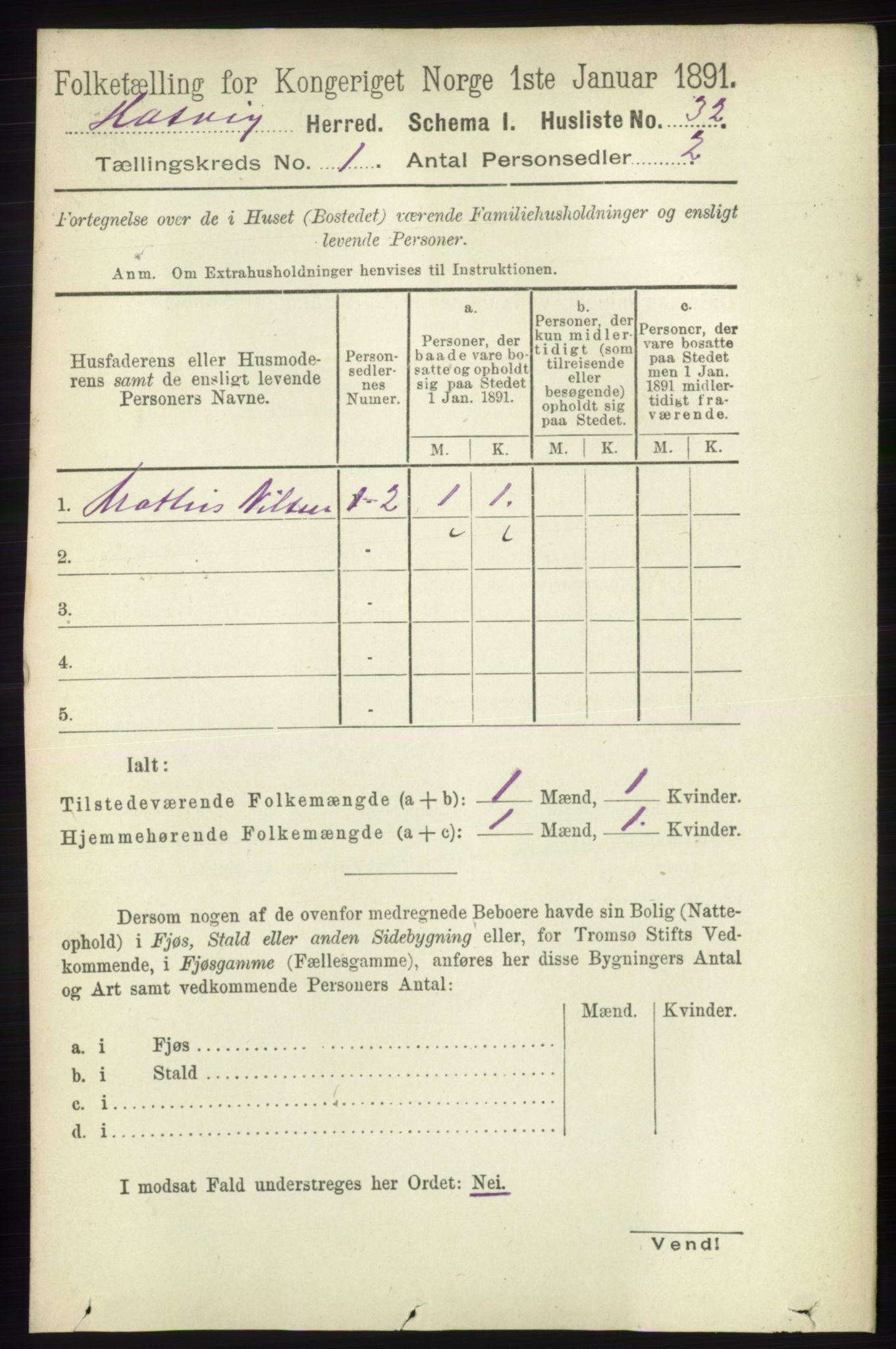 RA, 1891 census for 2015 Hasvik, 1891, p. 52