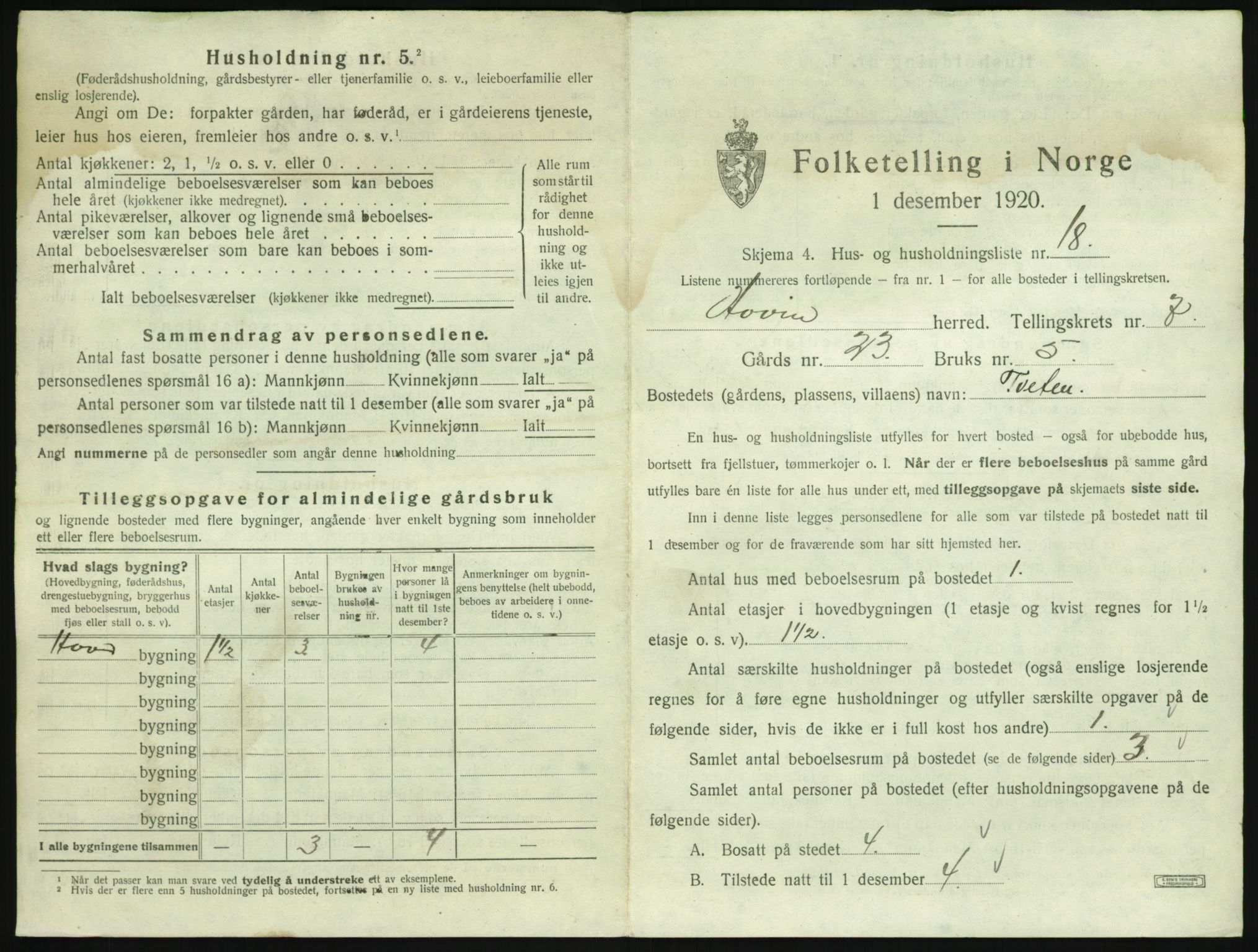 SAKO, 1920 census for Hovin, 1920, p. 355