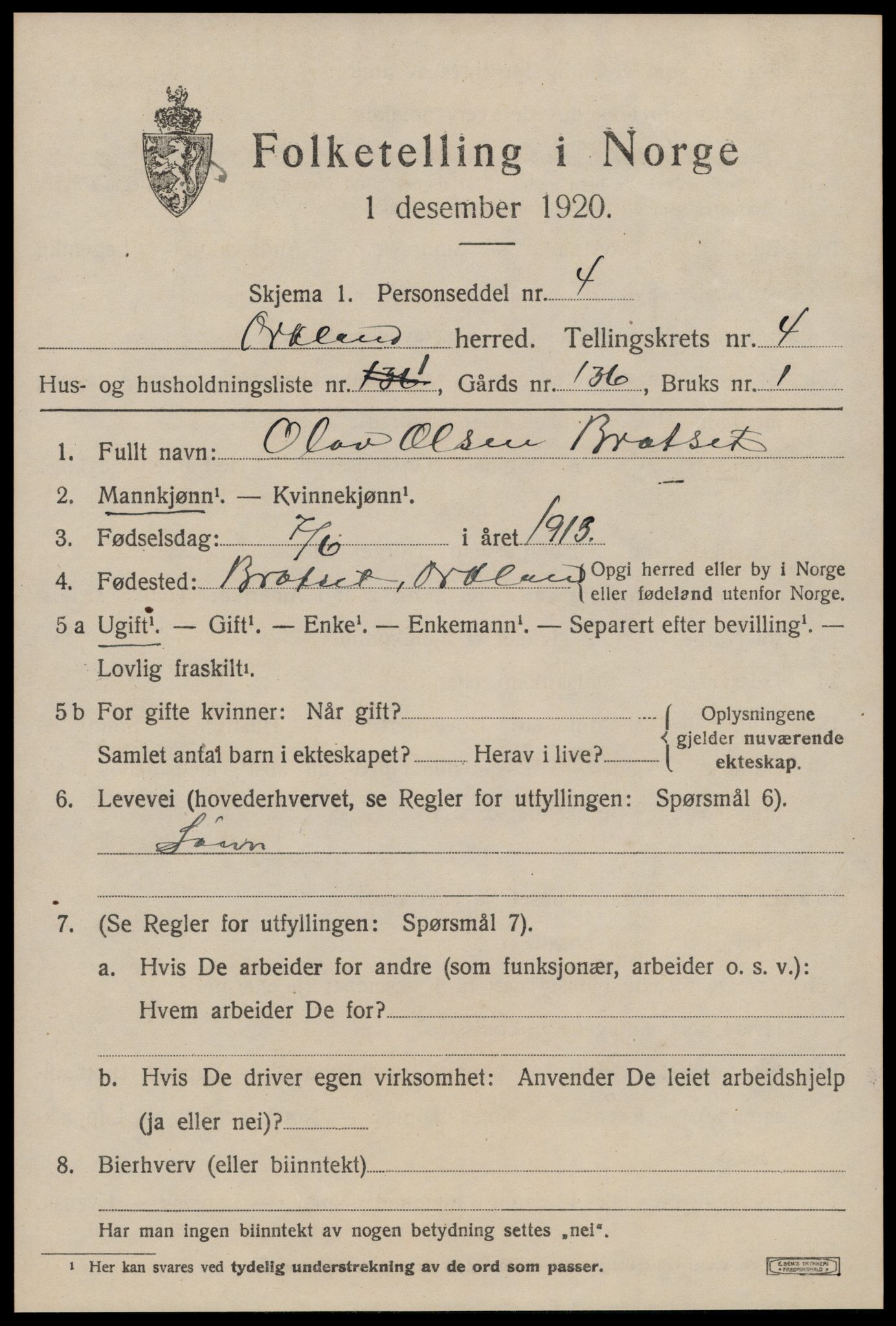 SAT, 1920 census for Orkland, 1920, p. 3340