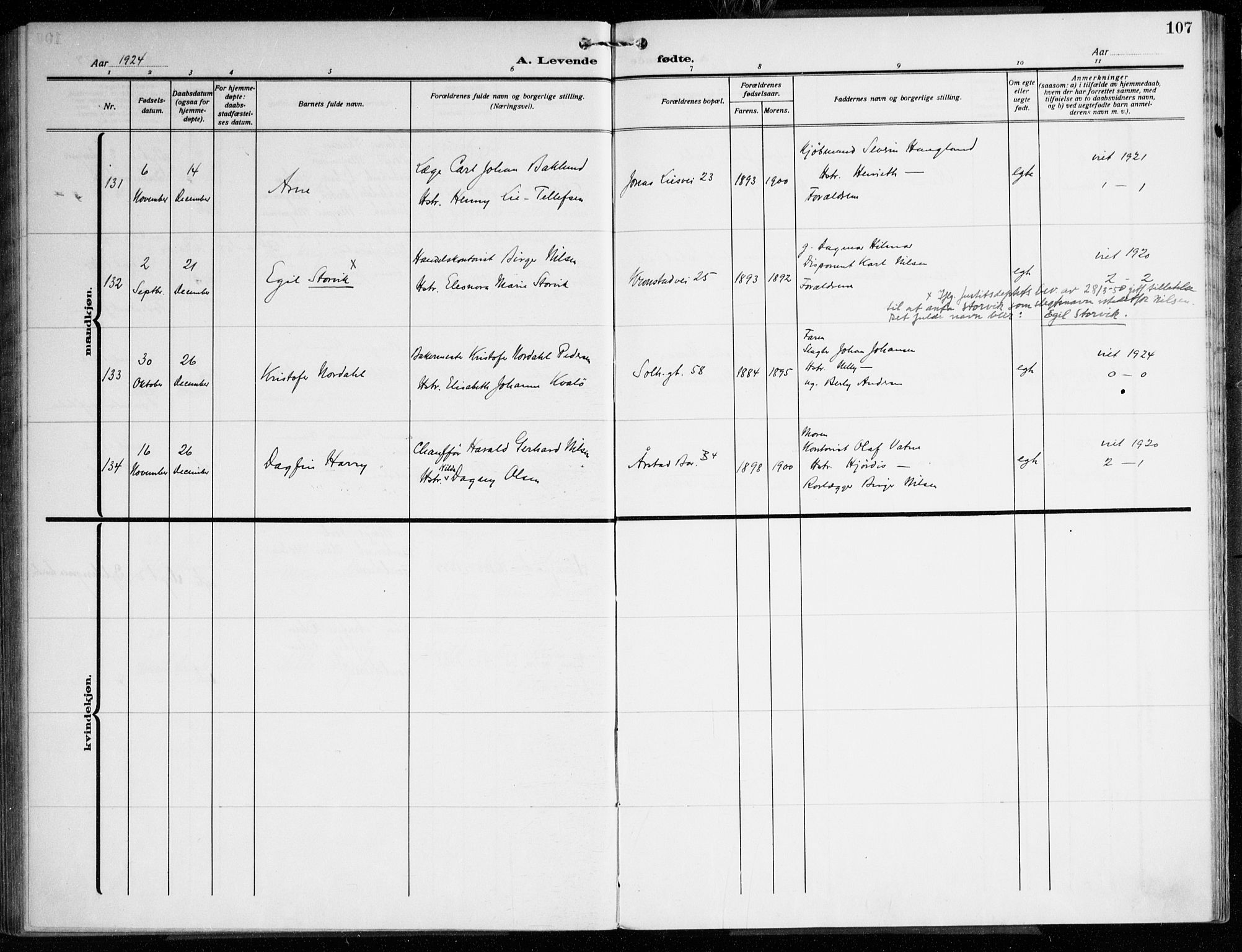 Årstad Sokneprestembete, AV/SAB-A-79301/H/Haa/L0005: Parish register (official) no. A 5, 1923-1925, p. 107