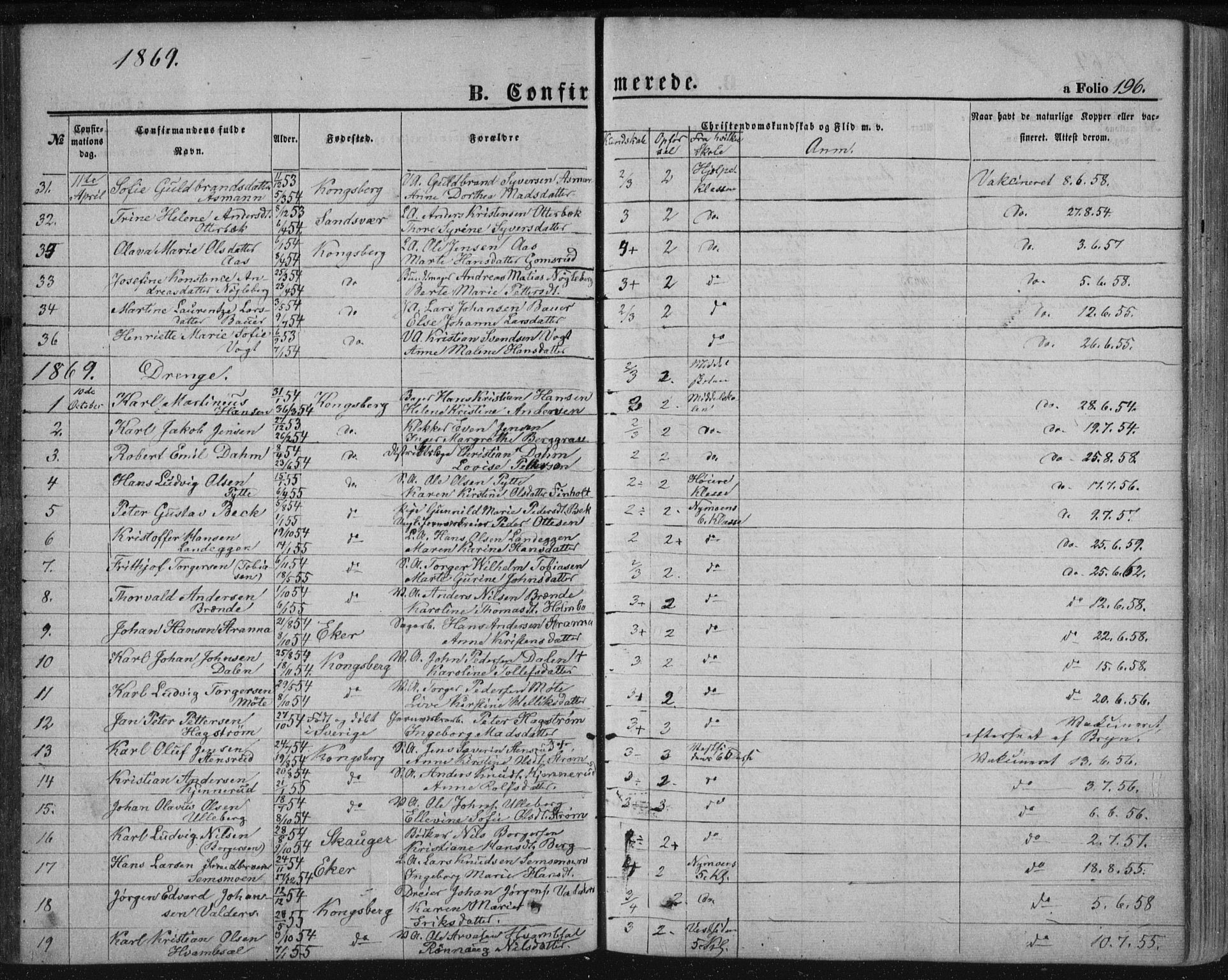 Kongsberg kirkebøker, AV/SAKO-A-22/F/Fa/L0010: Parish register (official) no. I 10, 1859-1875, p. 196