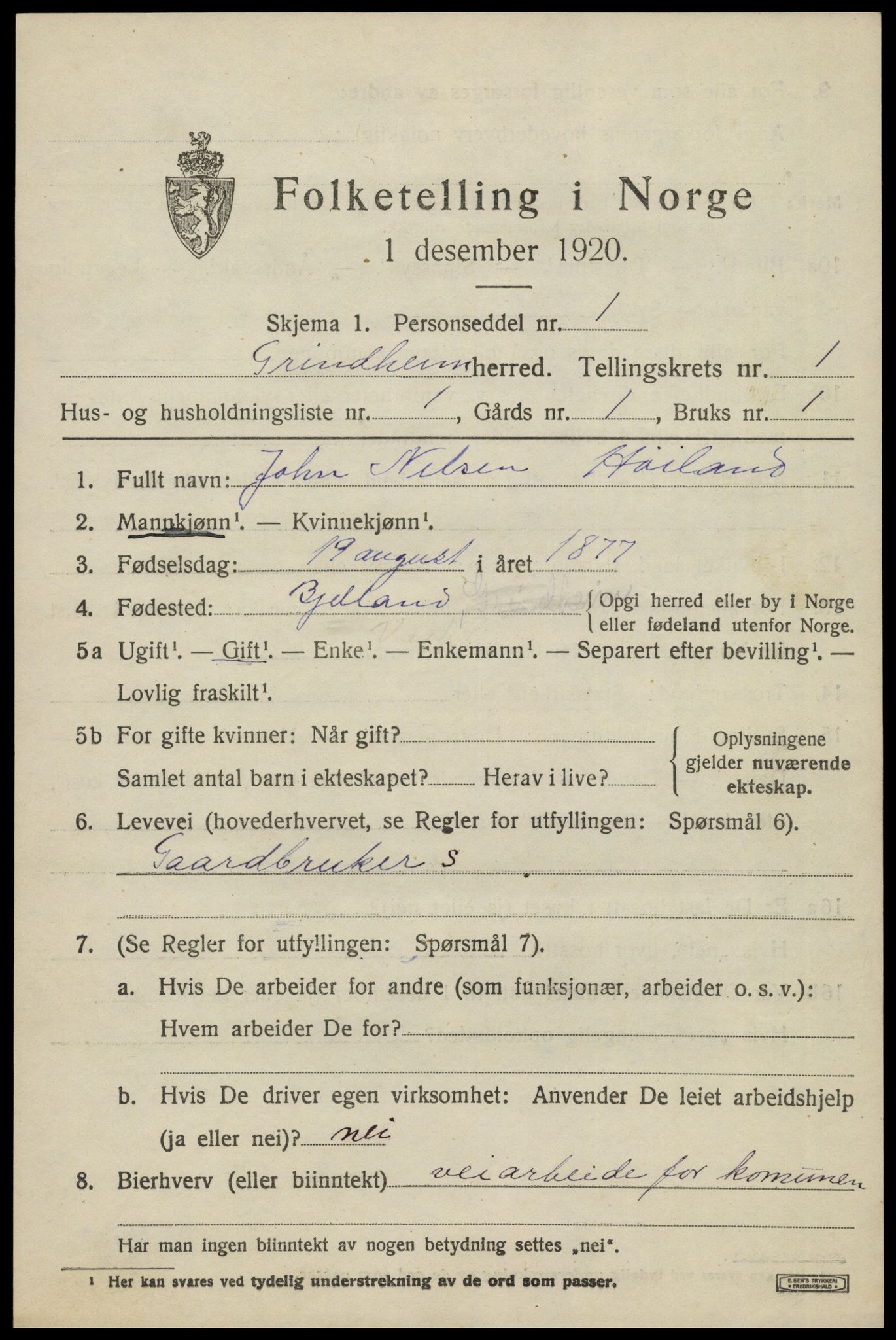 SAK, 1920 census for Grindheim, 1920, p. 403