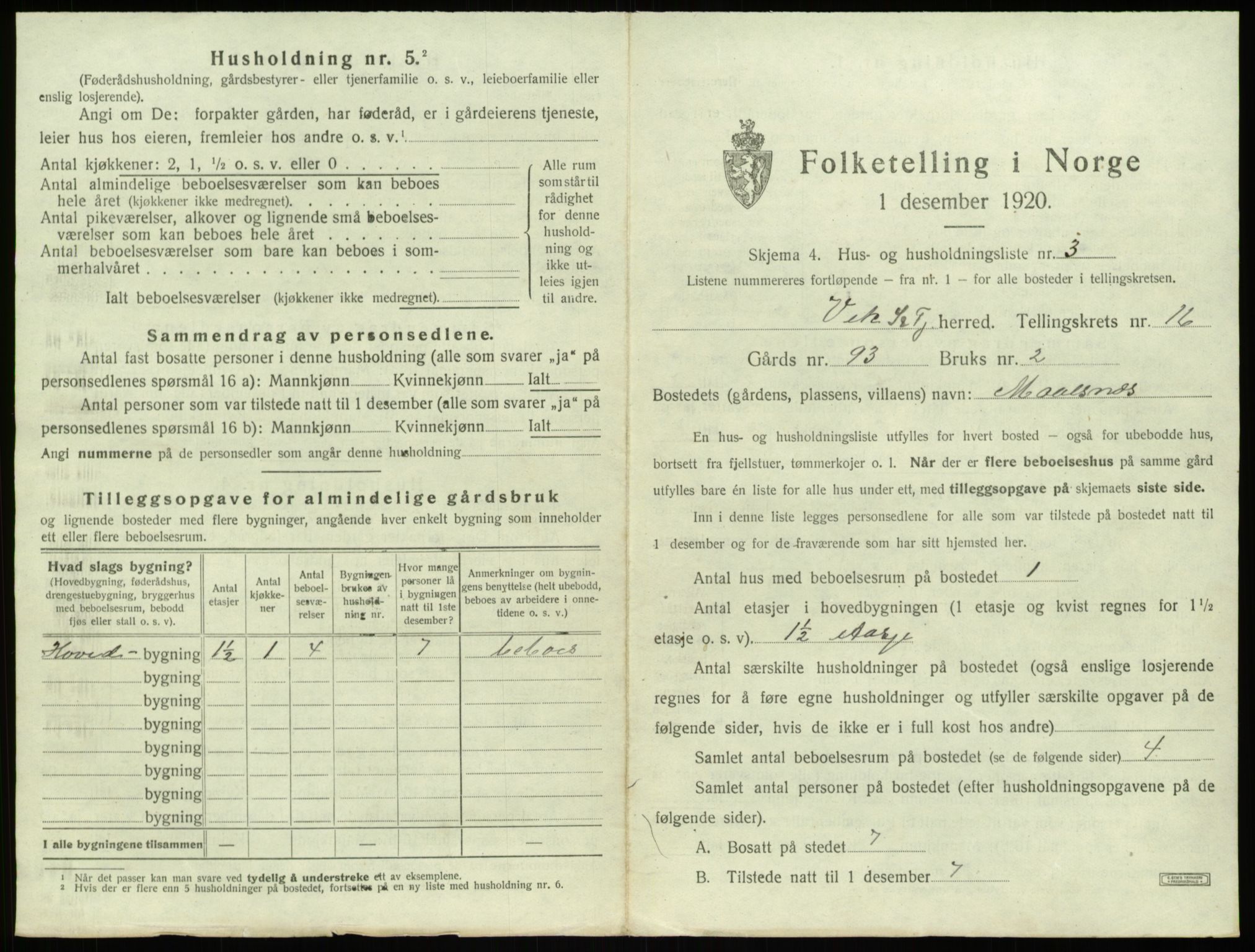 SAB, 1920 census for Vik, 1920, p. 1293