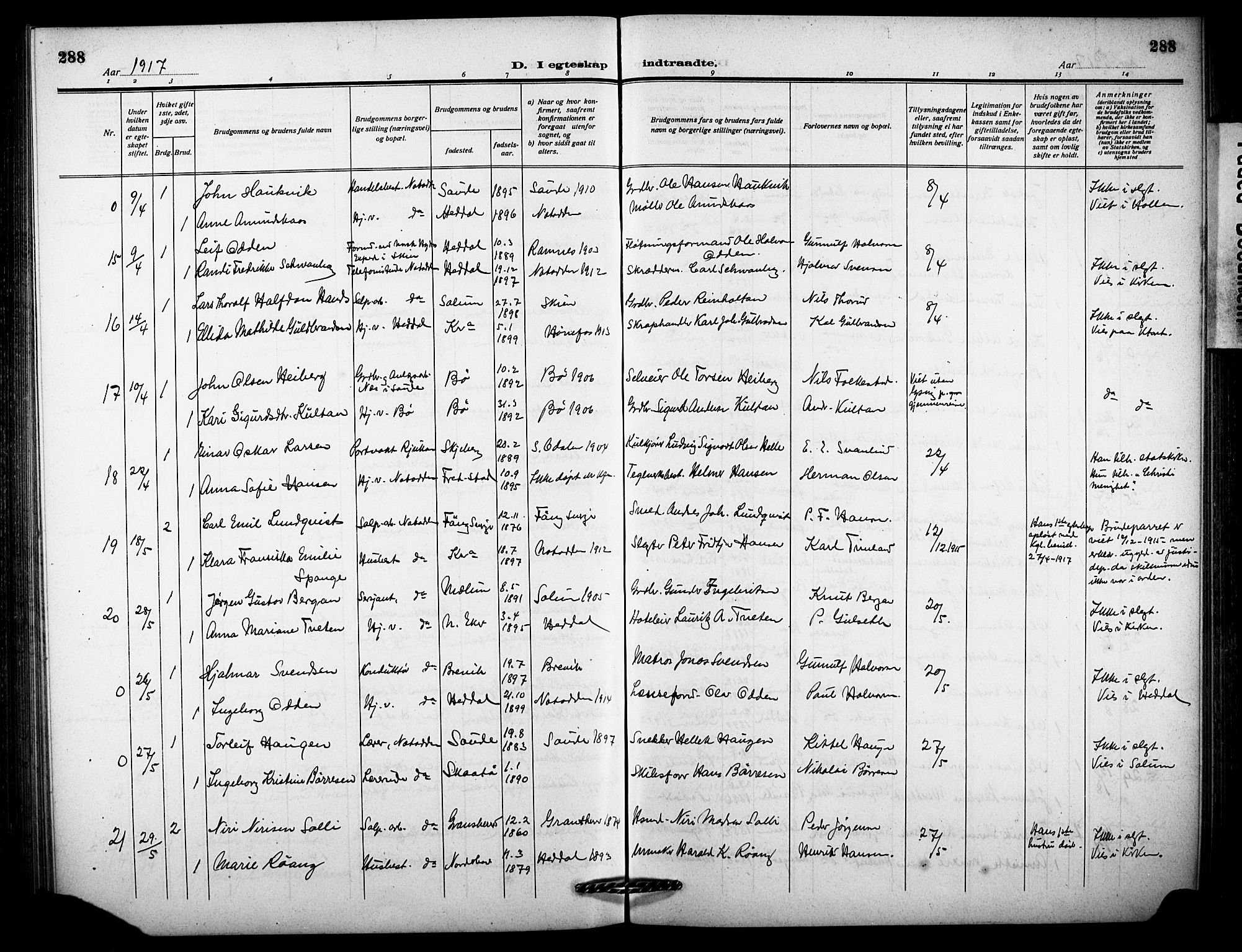 Notodden kirkebøker, AV/SAKO-A-290/G/Ga/L0001: Parish register (copy) no. 1, 1912-1923, p. 288