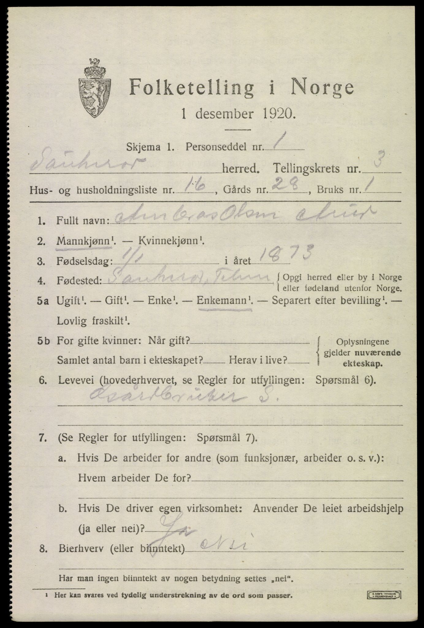 SAKO, 1920 census for Sauherad, 1920, p. 3011