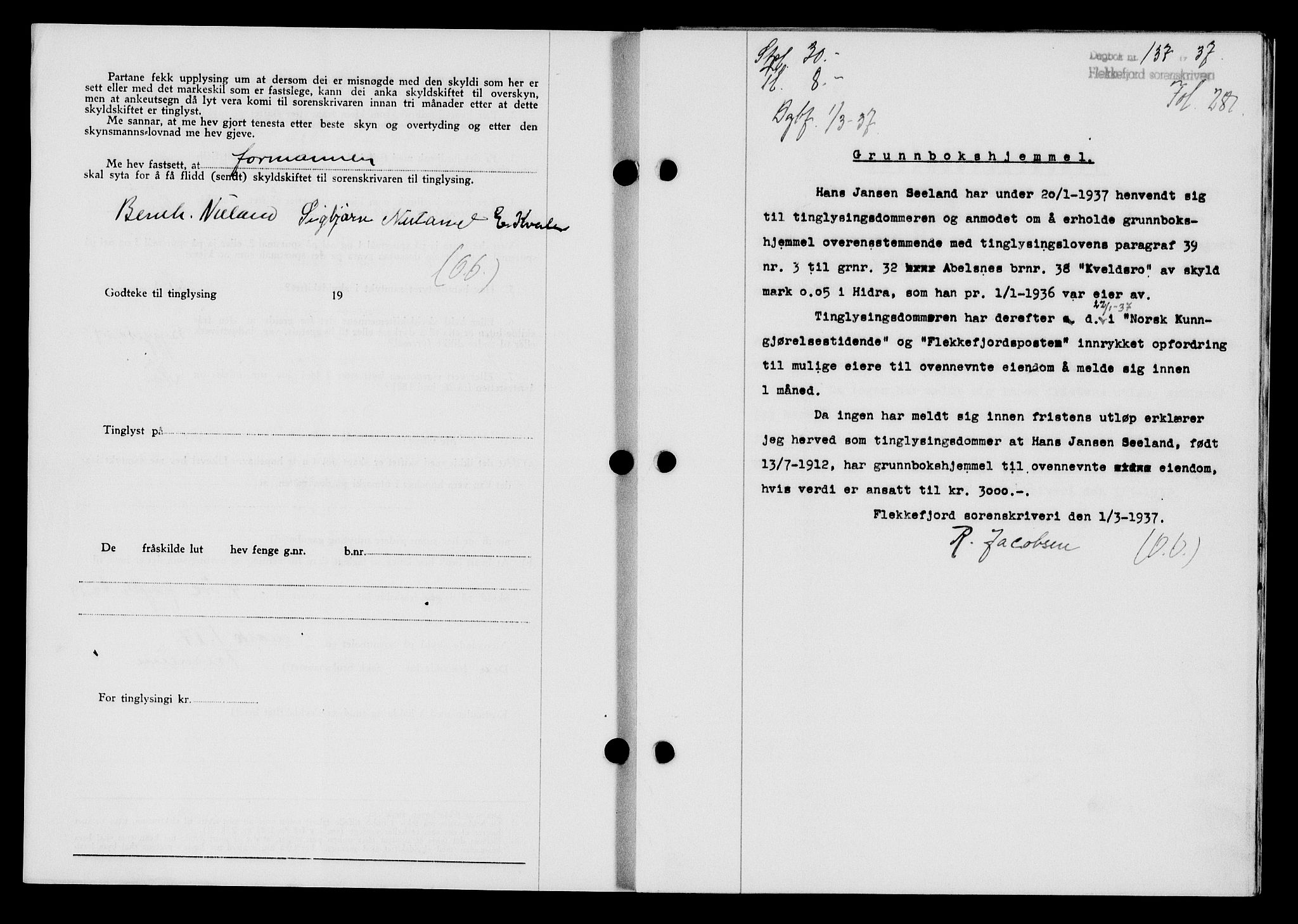 Flekkefjord sorenskriveri, SAK/1221-0001/G/Gb/Gba/L0053: Mortgage book no. A-1, 1936-1937, Diary no: : 137/1937