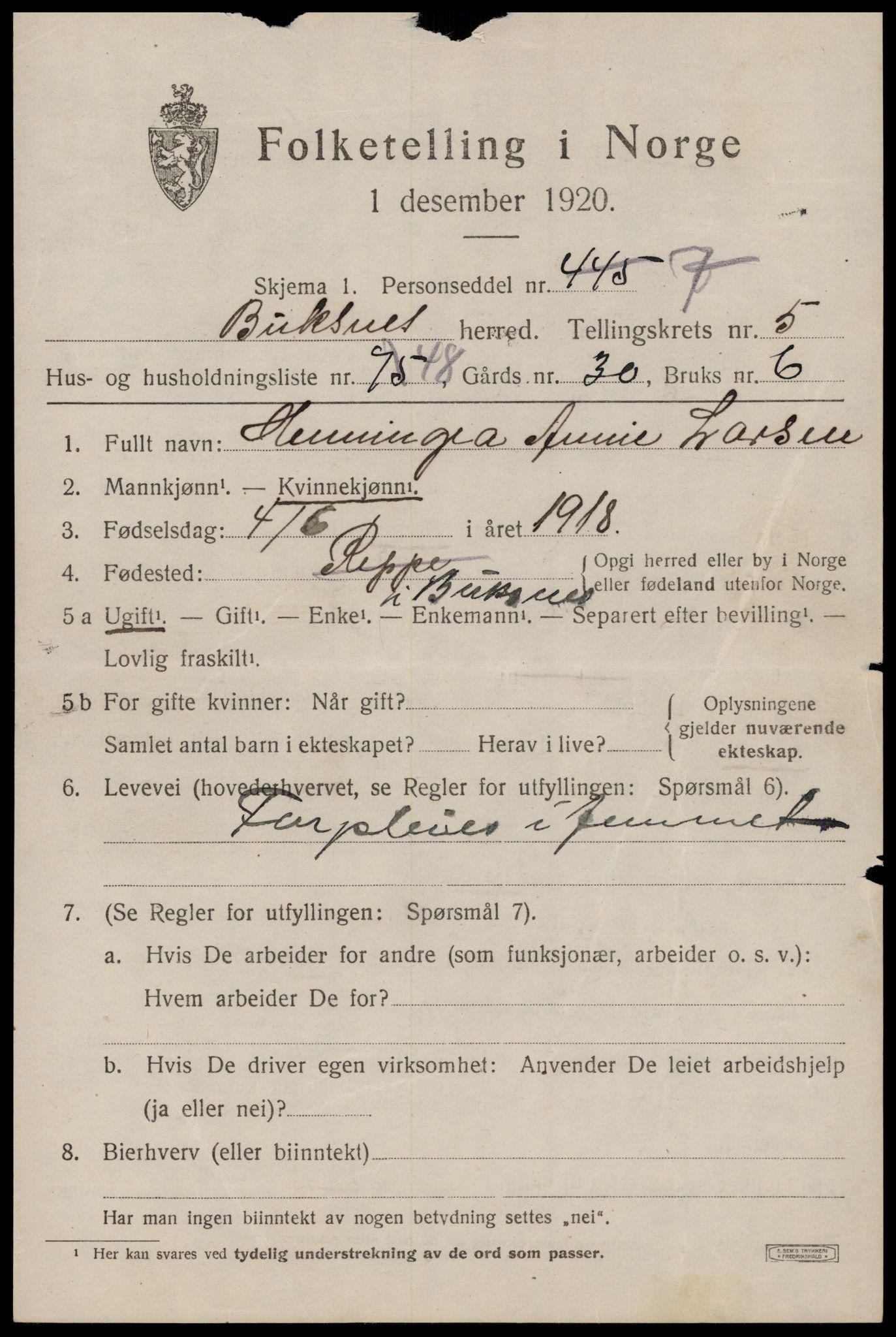 SAT, 1920 census for Buksnes, 1920, p. 5965