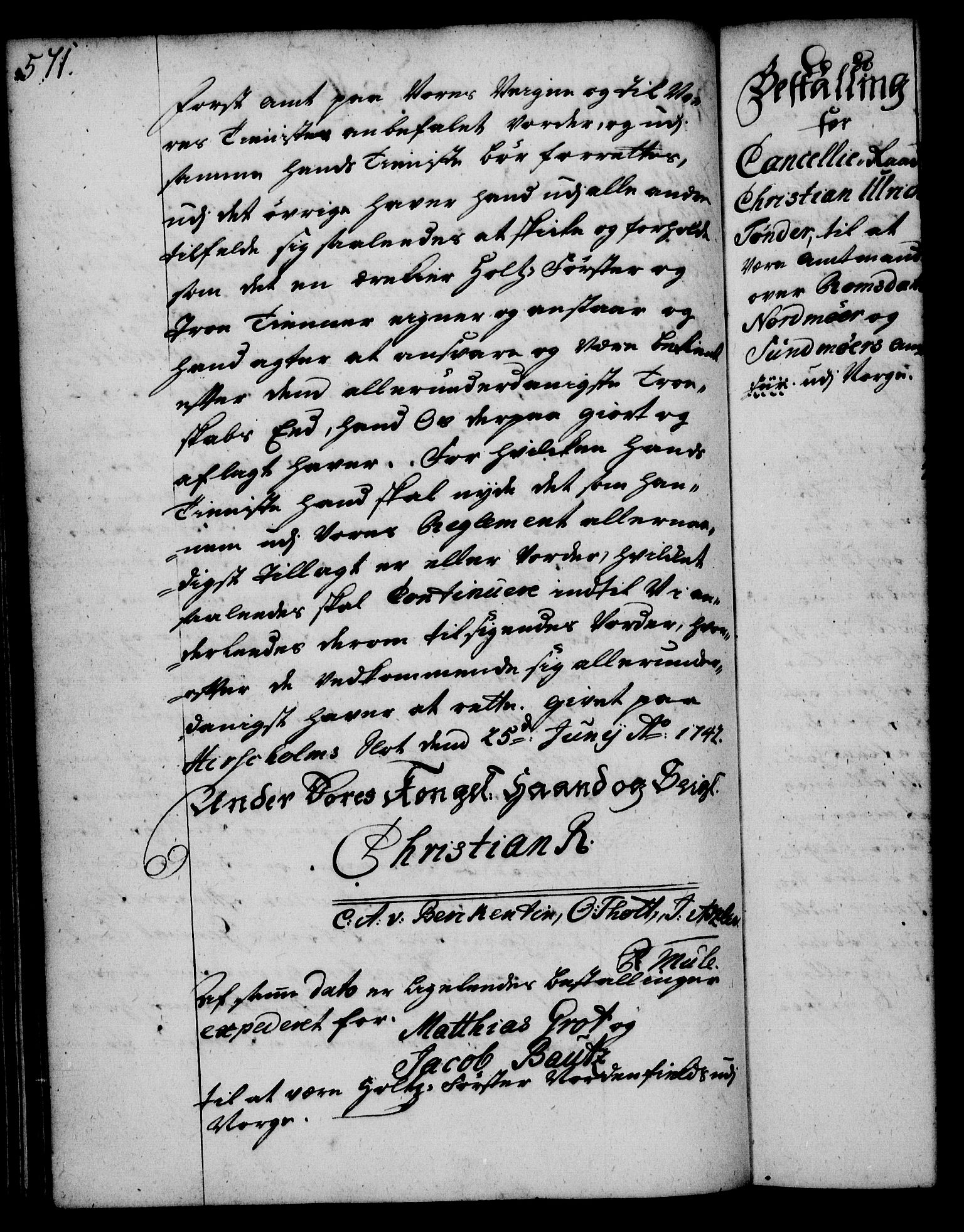 Rentekammeret, Kammerkanselliet, RA/EA-3111/G/Gg/Gge/L0002: Norsk bestallingsprotokoll med register (merket RK 53.26), 1730-1744, p. 571