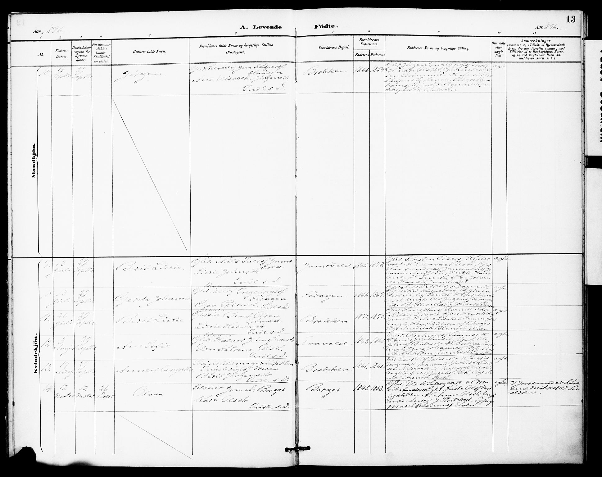 Ministerialprotokoller, klokkerbøker og fødselsregistre - Sør-Trøndelag, SAT/A-1456/683/L0948: Parish register (official) no. 683A01, 1891-1902, p. 13
