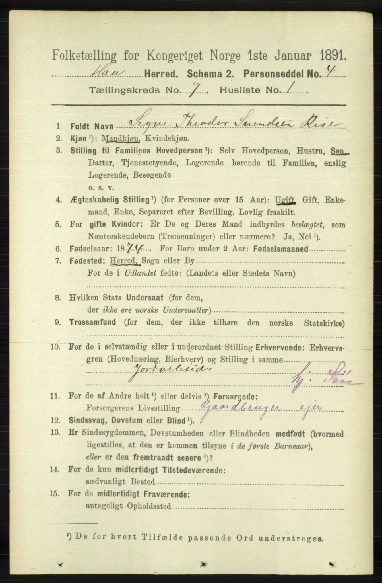 RA, 1891 census for 1119 Hå, 1891, p. 1917